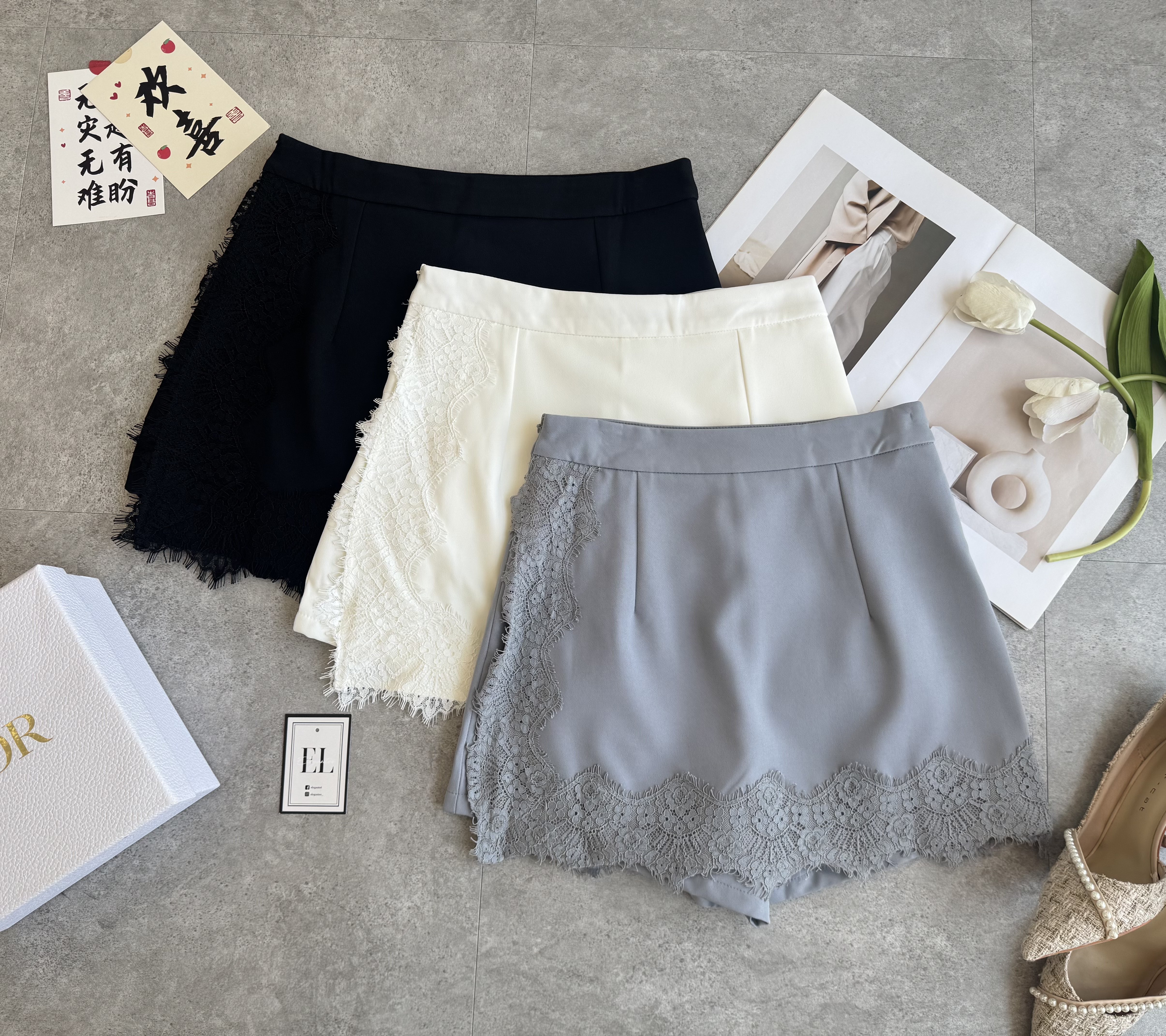 蕾丝边设计裤裙