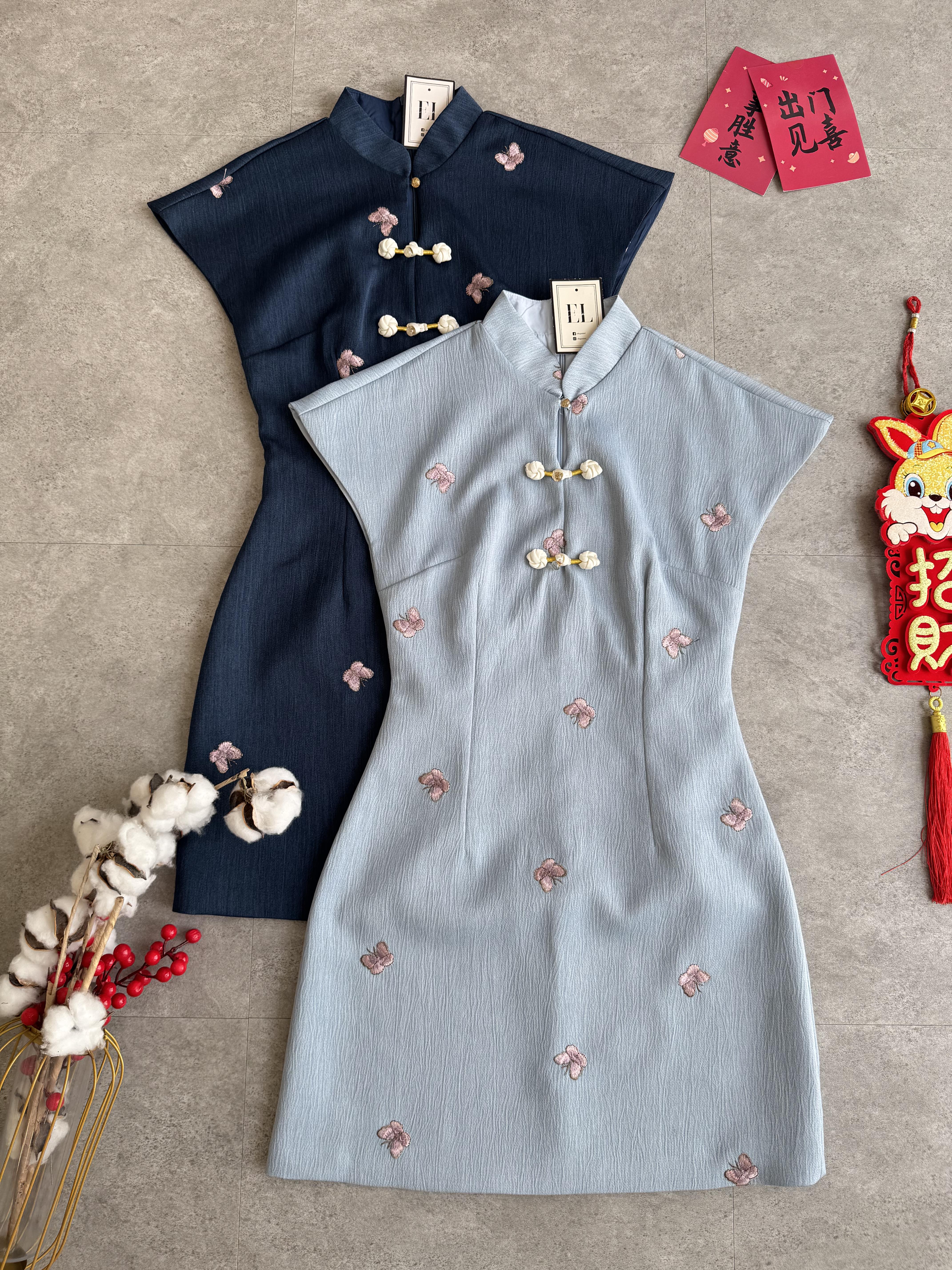 (BO-DEC) 《亲子-女》粉蝴蝶刺绣高质感纹理面料旗袍