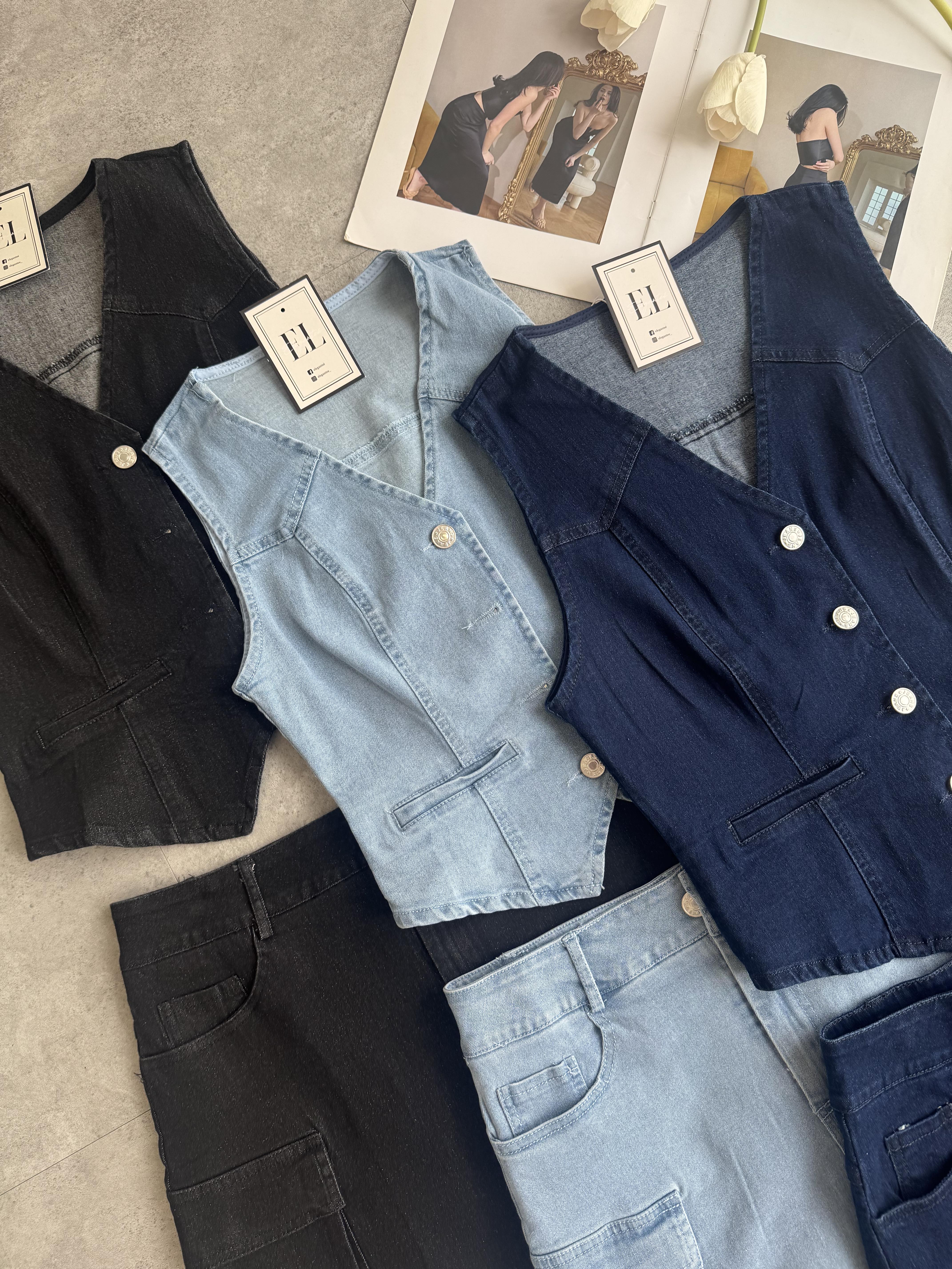 牛仔马甲短裙套装