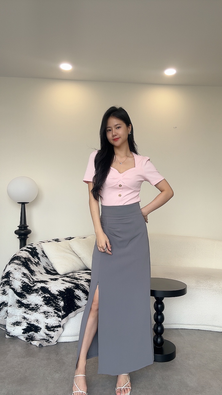 高腰三折拉链滑面长裙