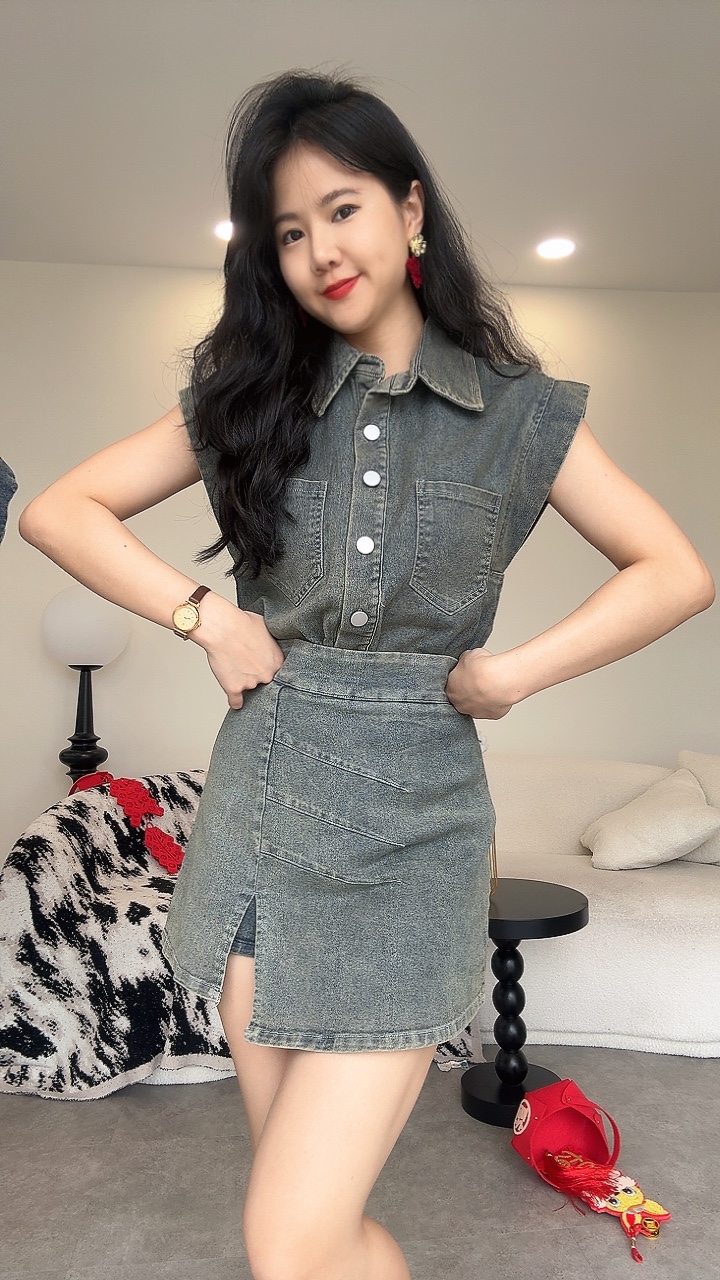 直角肩牛仔短裙套装