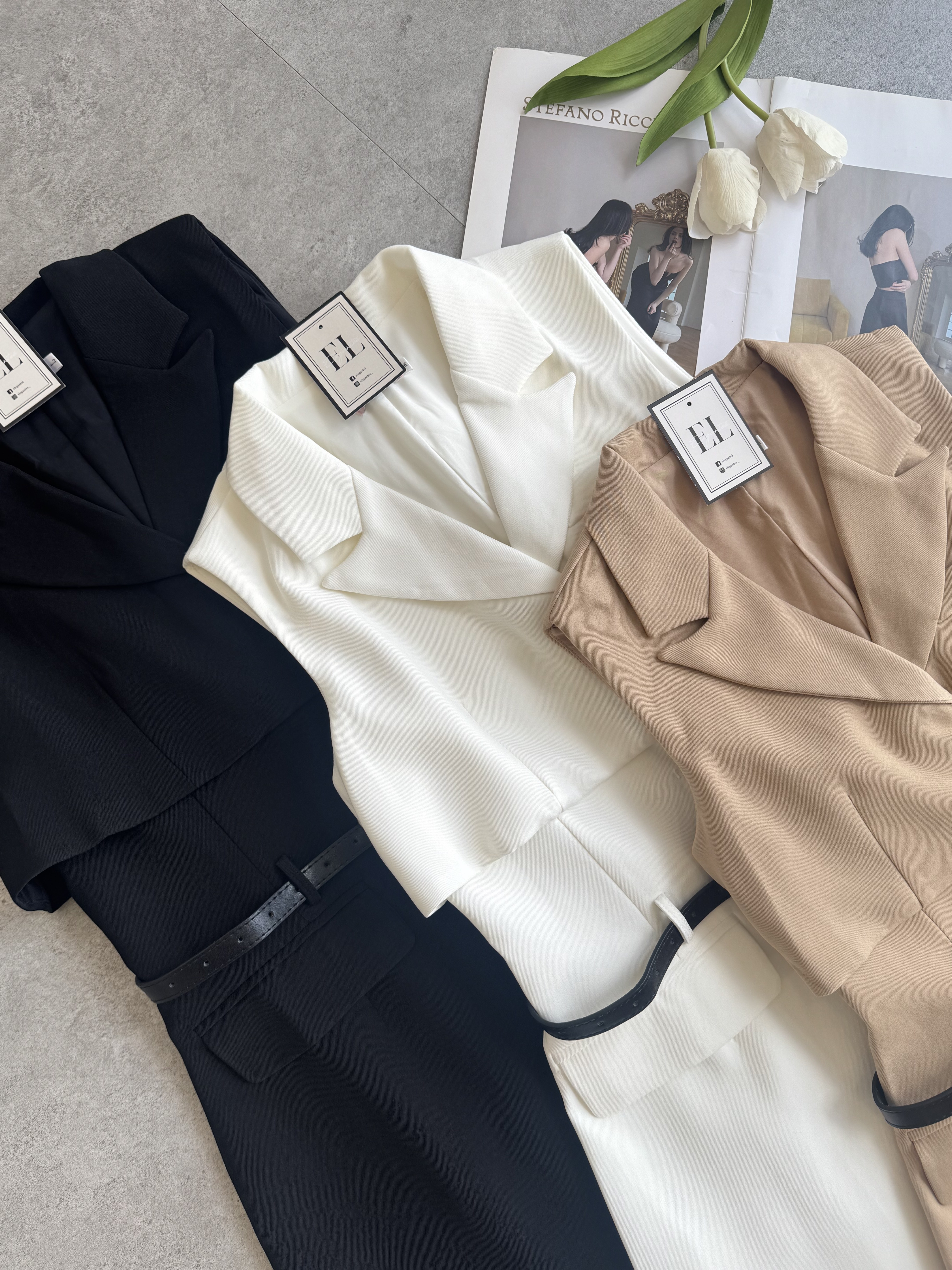 OL假两件腰带无袖连身裙