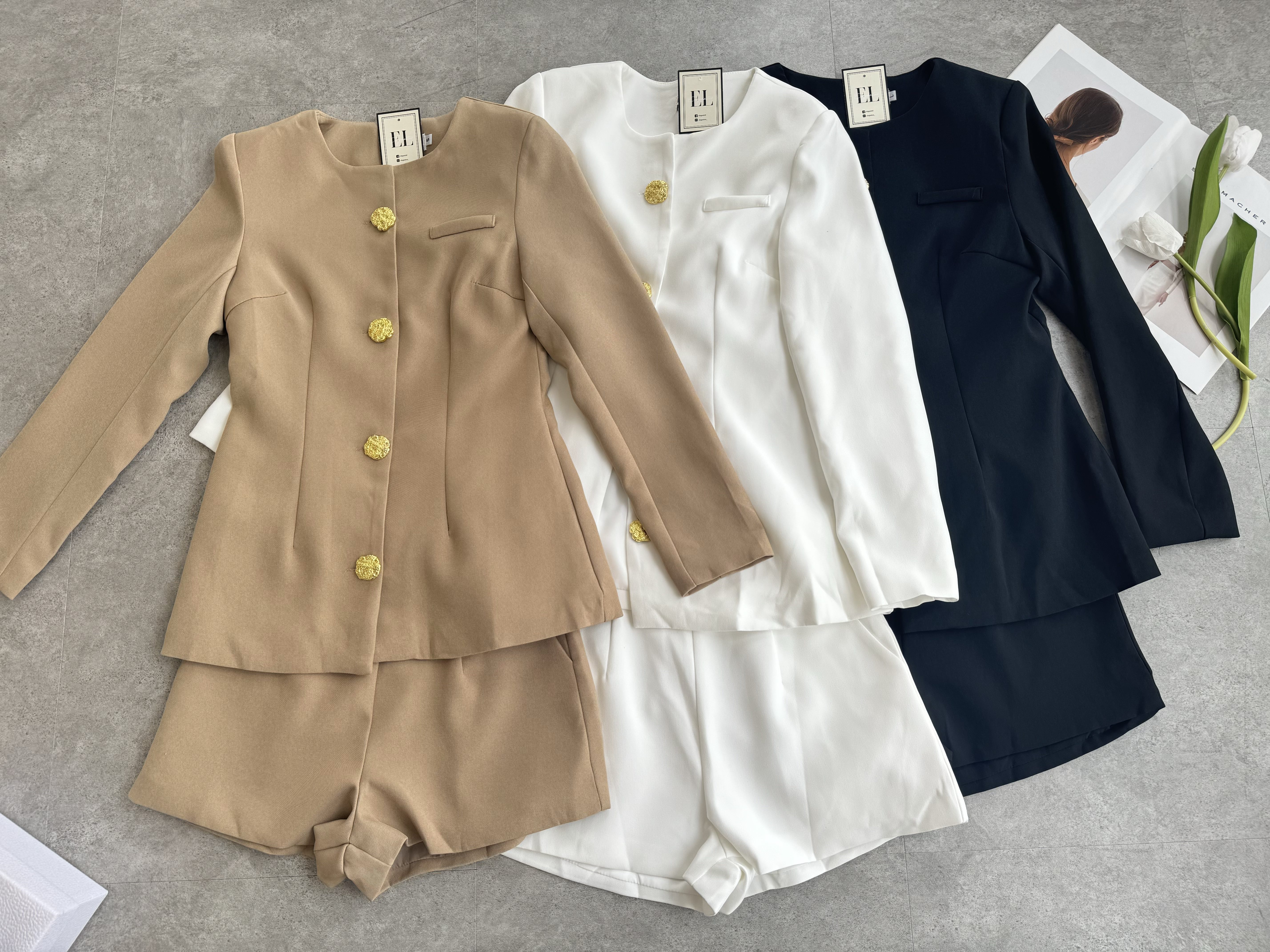  复古大金扣垫肩外套短裤套装