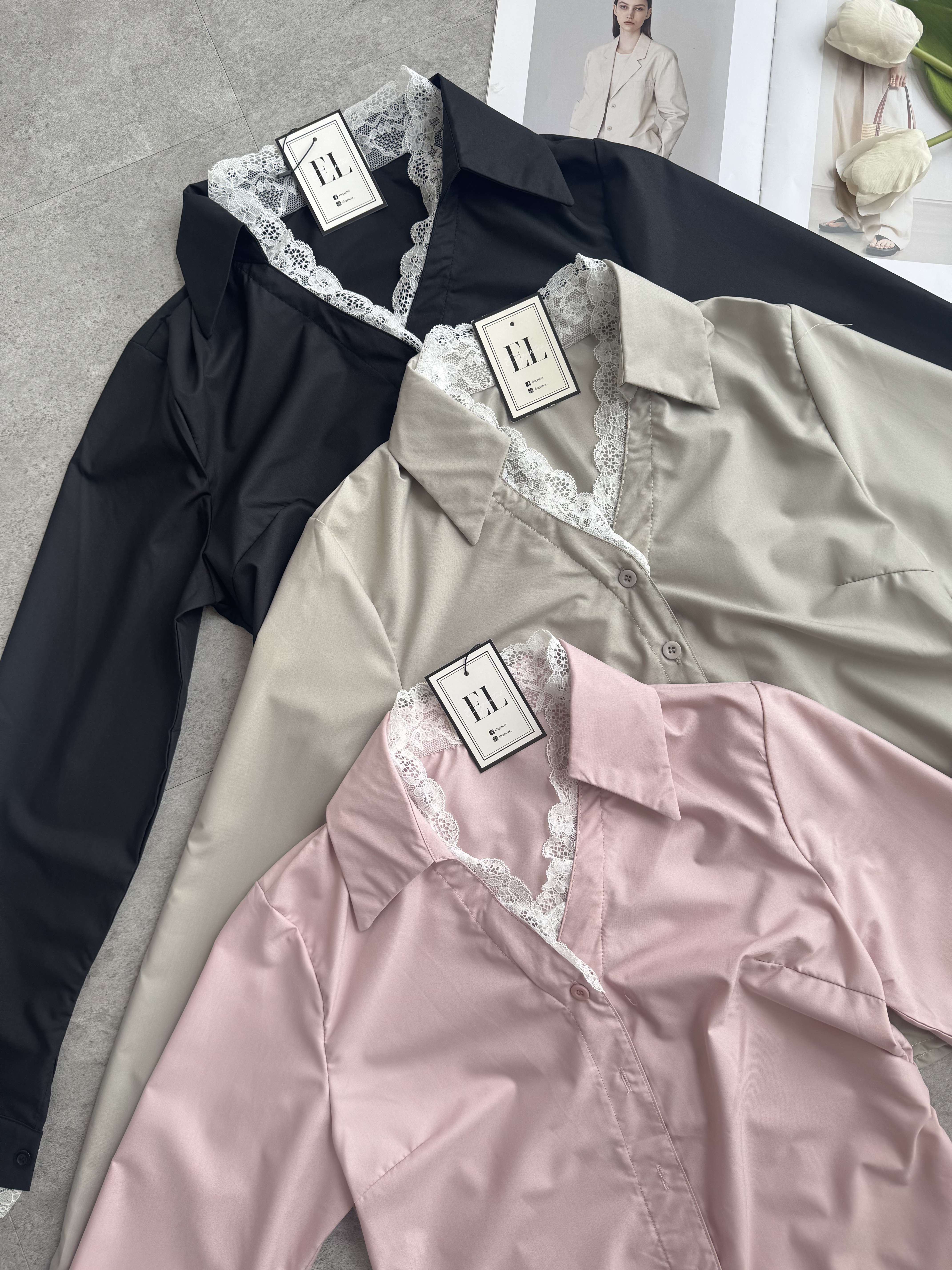 蕾丝边收腰长袖衬衫