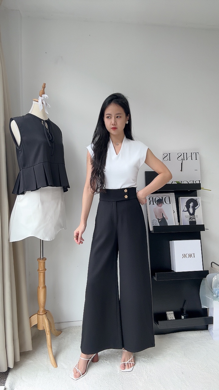 通勤金扣滑面直筒阔腿裤