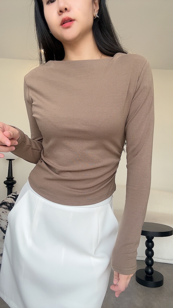 收腰褶皱一字领长袖Top