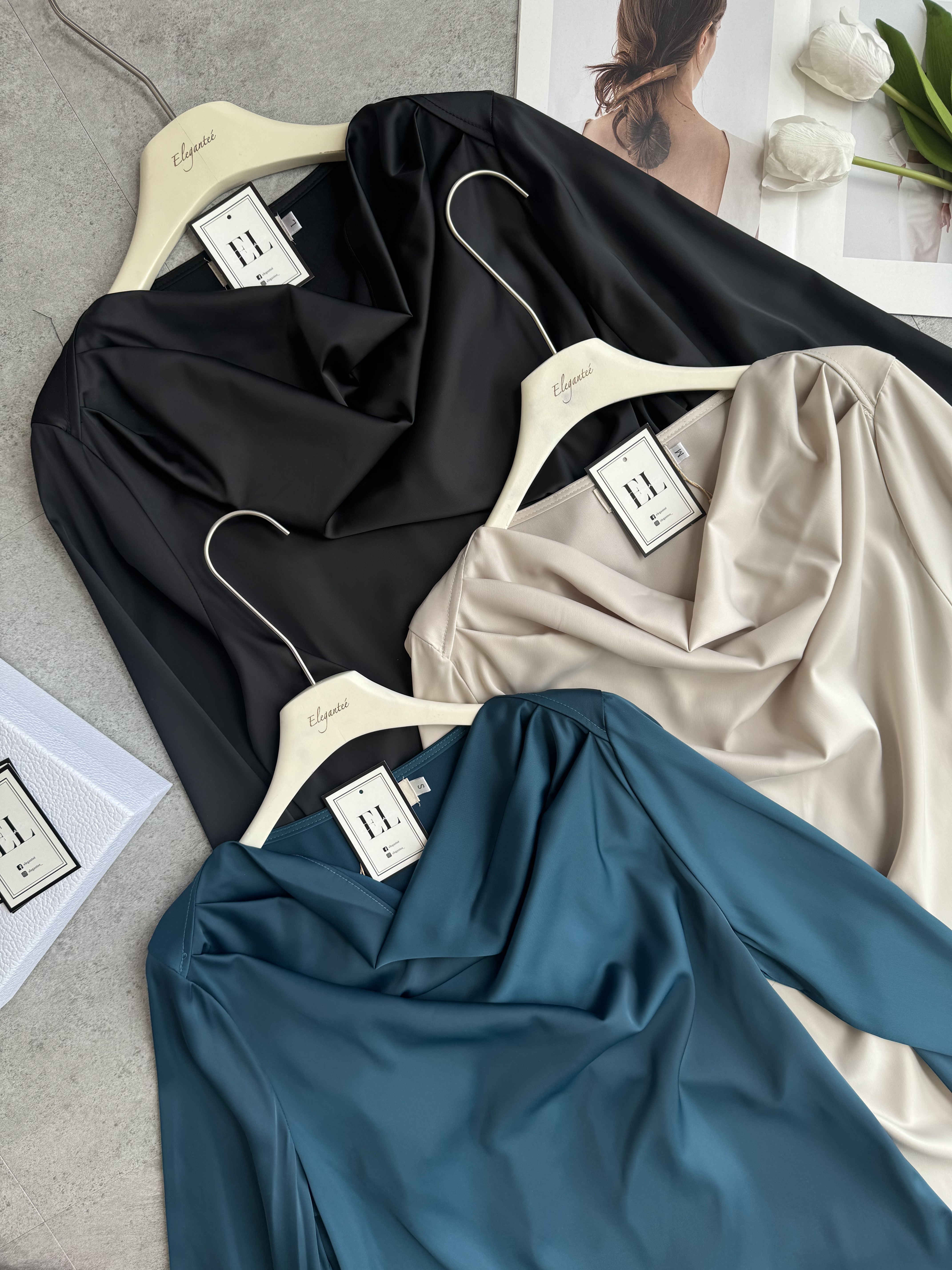 缎面波浪领长袖知性风Top