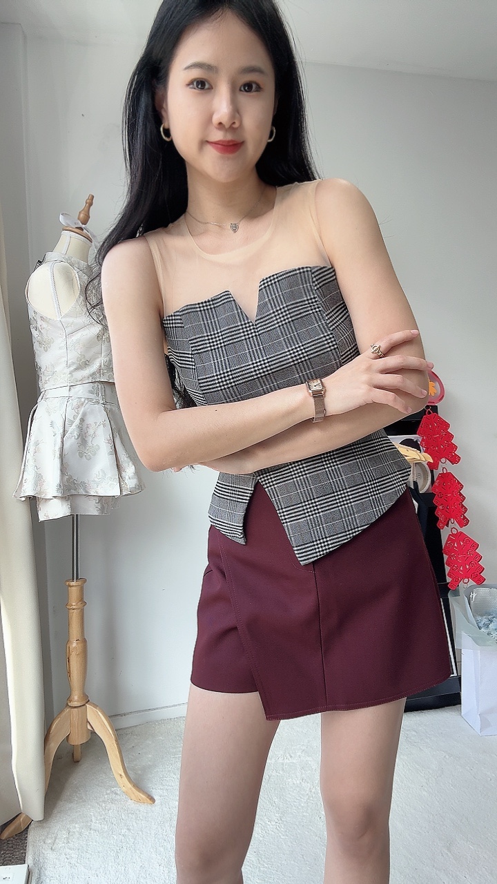 淑女抹胸+网纱拼接上衣