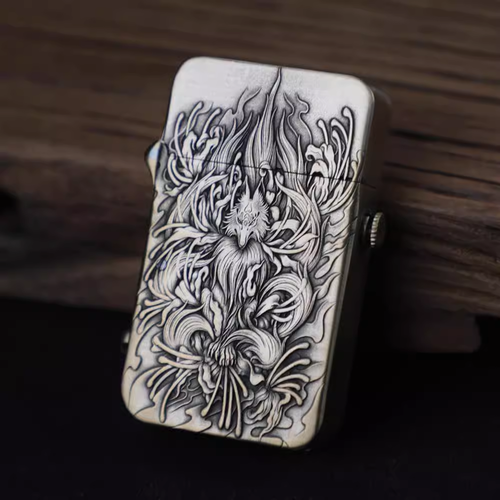 Semi-automatic ignition copper kerosene lighter new dog head machine nine-tailed fox