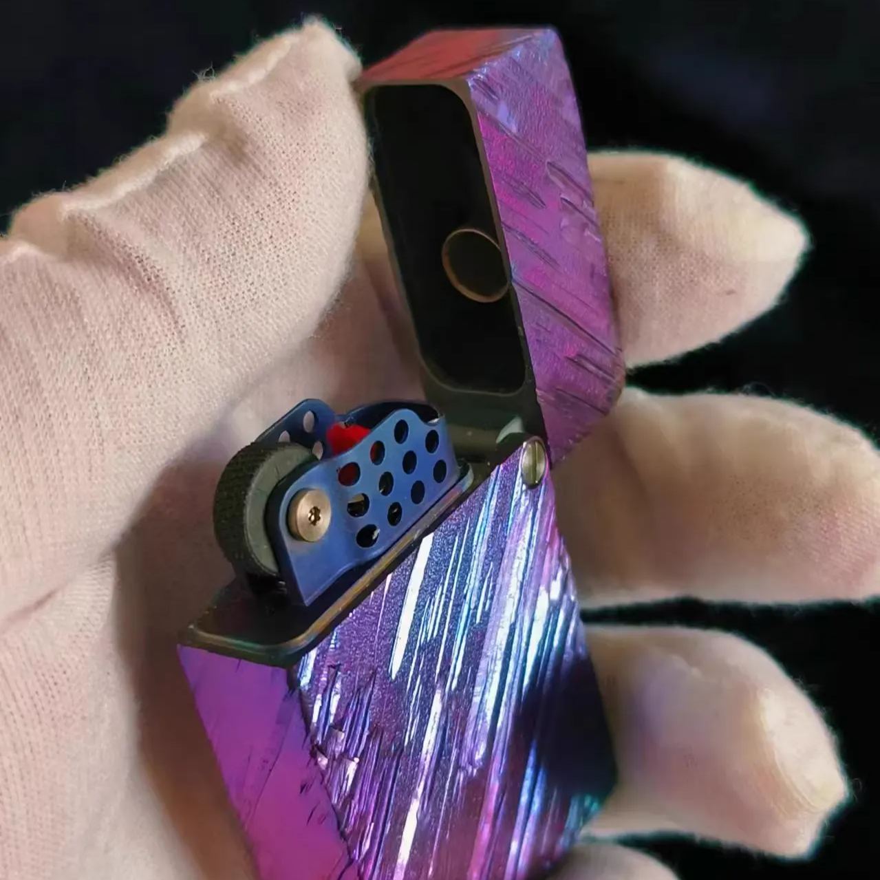 Titanium Kerosene Lighter Tiger Shark Anodized with Stone Engraving