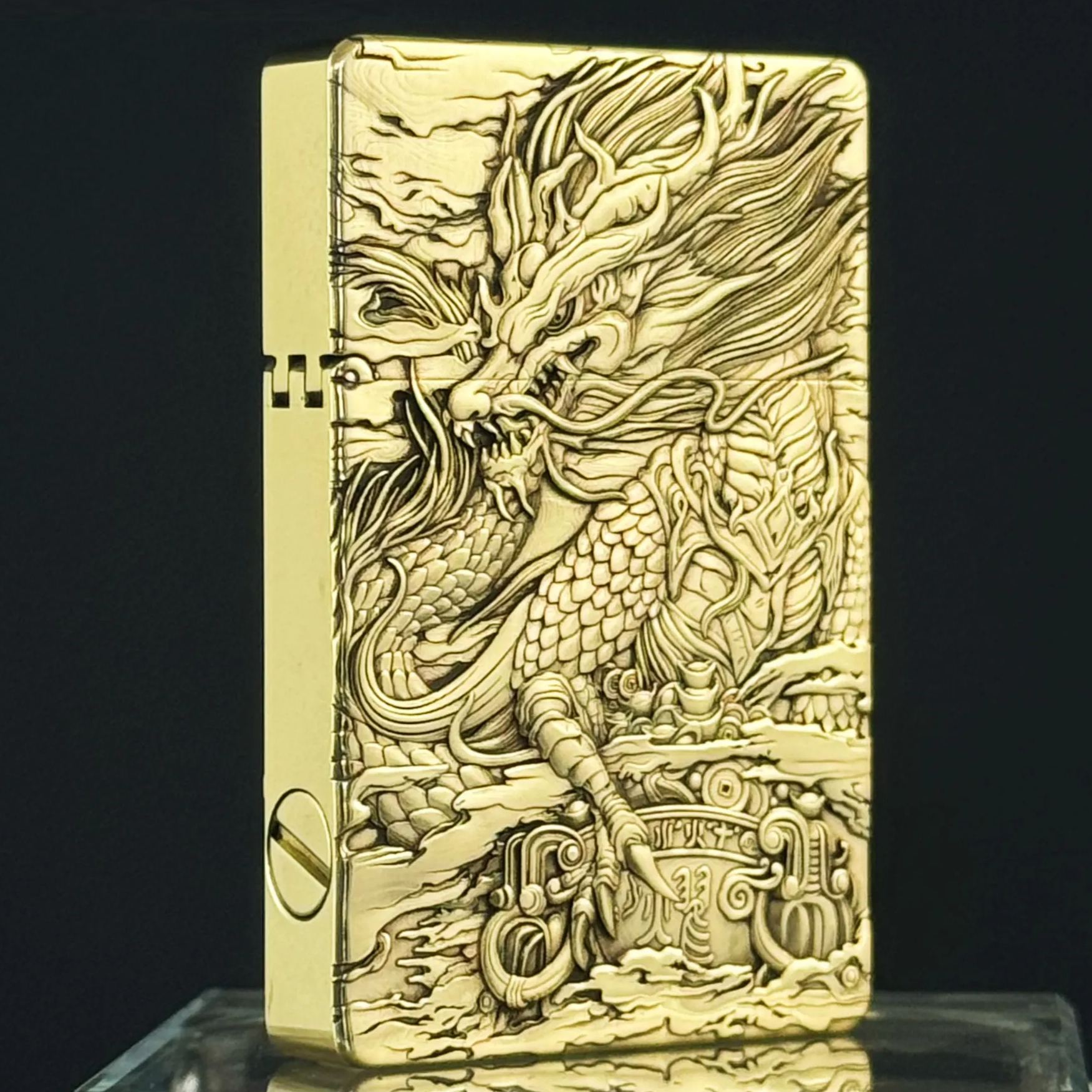 Carved Gold Dragon Kerosene Lighter Brass