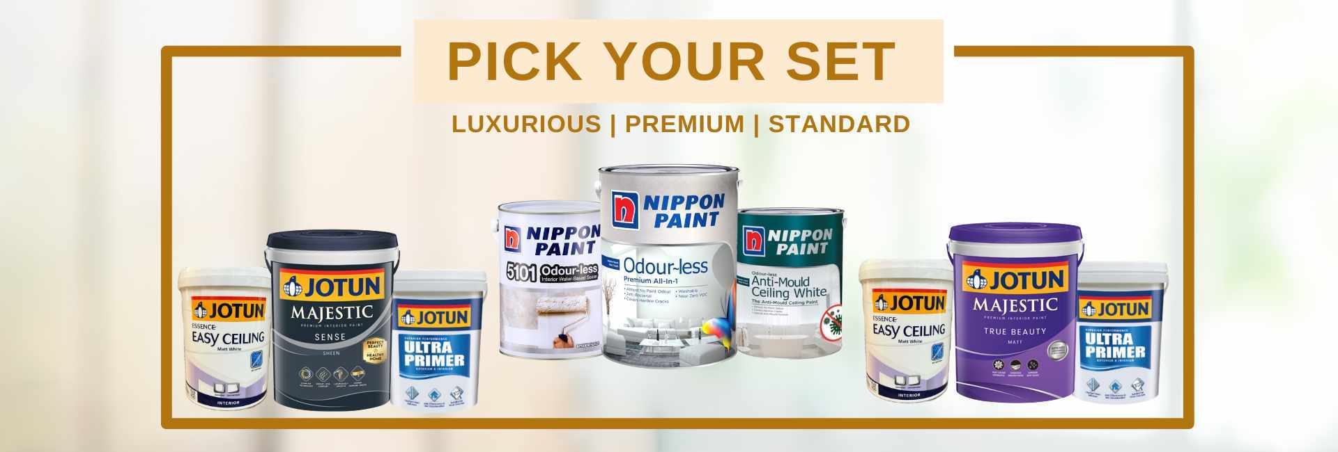 Nippon Paint & Jotun Paint Bundle – Convenient Set for Easy Room Repainting, Includes Essential Supplies for a Smooth DIY Experience. Choice of Luxurious, Premium and Standard Bundle. 
