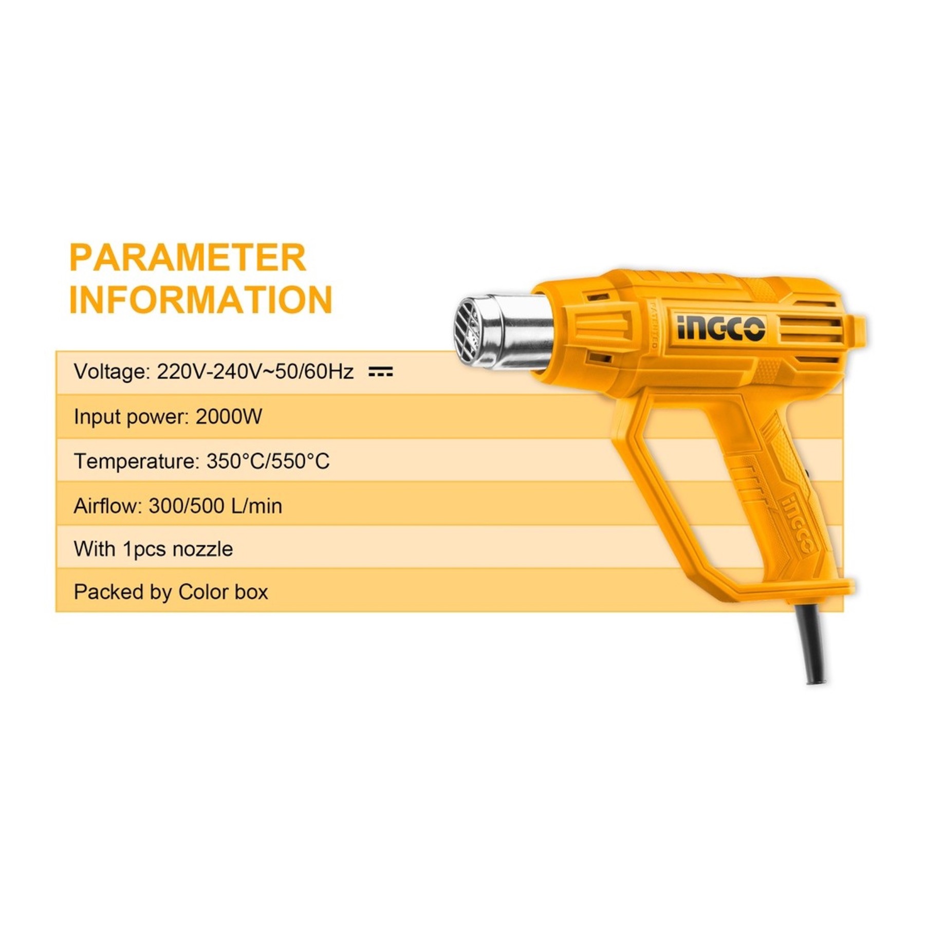 INGCO 240V Dual Temperature Two Stages Corded Heat Gun (HG2000385)-GoKimDiam Hardware Shop Shop online for all your hardware needs at GoKimDiam Hardware Shop (by Kak Heng Hardware)! From wide range of hardware tools, premium paint supplies to essential tools for home DIY projects. Enjoy free islandwide delivery with min. $120 online order to Orchard, Tuas, Jurong, Punggol, Bedok, Sengkang, Hougang, Bukit Timah, Bukit Panjang, Bukit Batok etc. Shop with us today! Or, visit our Hardware Shop in Sembawang!