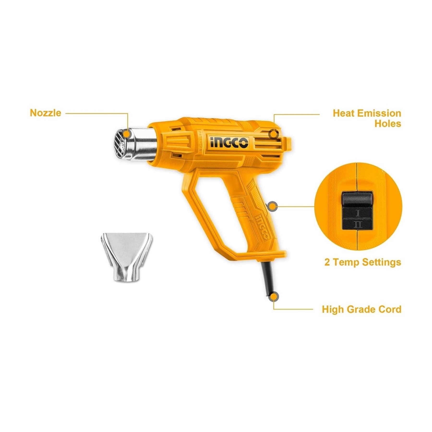 INGCO 240V Dual Temperature Two Stages Corded Heat Gun (HG2000385)-GoKimDiam Hardware Shop Shop online for all your hardware needs at GoKimDiam Hardware Shop (by Kak Heng Hardware)! From wide range of hardware tools, premium paint supplies to essential tools for home DIY projects. Enjoy free islandwide delivery with min. $120 online order to Orchard, Tuas, Jurong, Punggol, Bedok, Sengkang, Hougang, Bukit Timah, Bukit Panjang, Bukit Batok etc. Shop with us today! Or, visit our Hardware Shop in Sembawang!