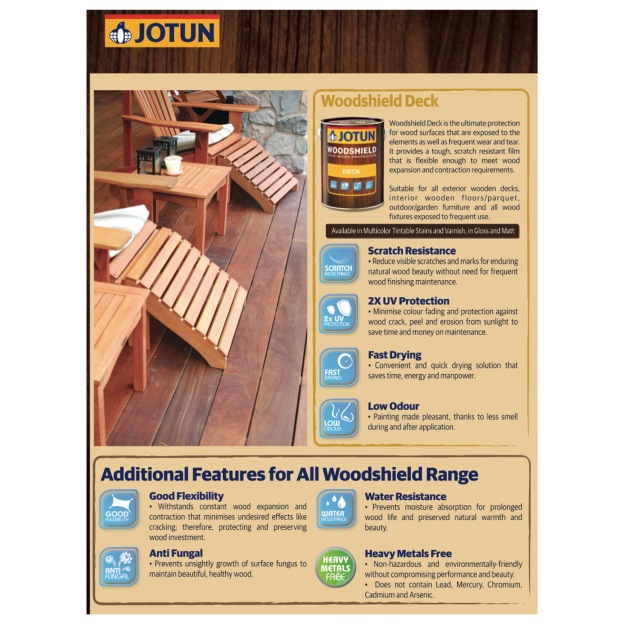 (5L) Jotun Woodshield Deck Varnish (Matt/ Gloss)-GoKimDiam Hardware Shop Shop online for all your hardware needs at GoKimDiam Hardware Shop (by Kak Heng Hardware)! From wide range of hardware tools, premium paint supplies to essential tools for home DIY projects. Enjoy free islandwide delivery with min. $120 online order to Orchard, Tuas, Jurong, Punggol, Bedok, Sengkang, Hougang, Bukit Timah, Bukit Panjang, Bukit Batok etc. Shop with us today! Or, visit our Hardware Shop in Sembawang!
