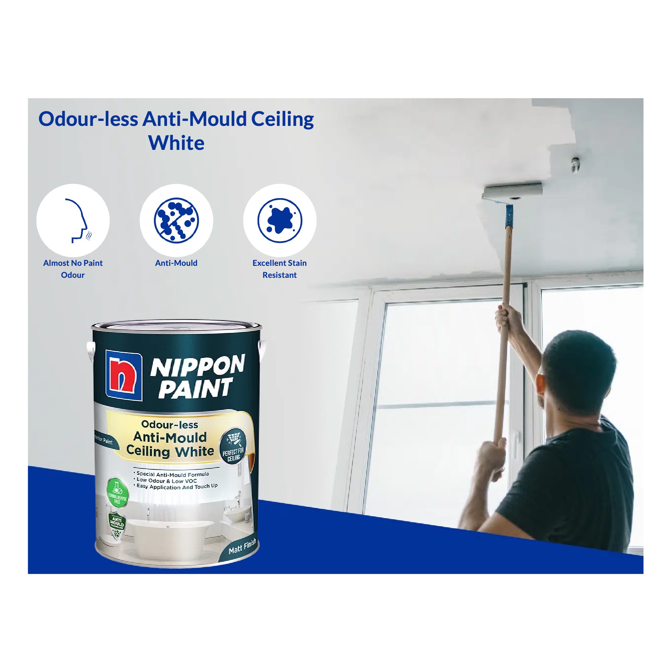 (5L) Nippon Paint Odourless Anti-Mould Ceiling White 