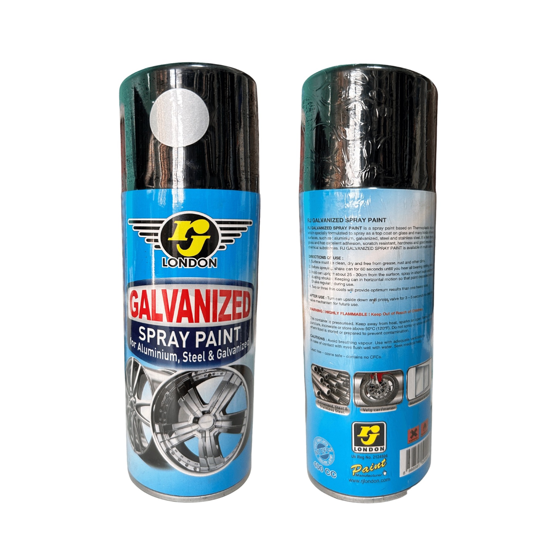 RJ London Galvanized Spray Paint (400CC) - Metallic Silver-GoKimDiam Hardware Shop Shop online for all your hardware needs at GoKimDiam Hardware Shop (by Kak Heng Hardware)! From wide range of hardware tools, premium paint supplies to essential tools for home DIY projects. Enjoy free islandwide delivery with min. $120 online order to Orchard, Tuas, Jurong, Punggol, Bedok, Sengkang, Hougang, Bukit Timah, Bukit Panjang, Bukit Batok etc. Shop with us today! Or, visit our Hardware Shop in Sembawang!