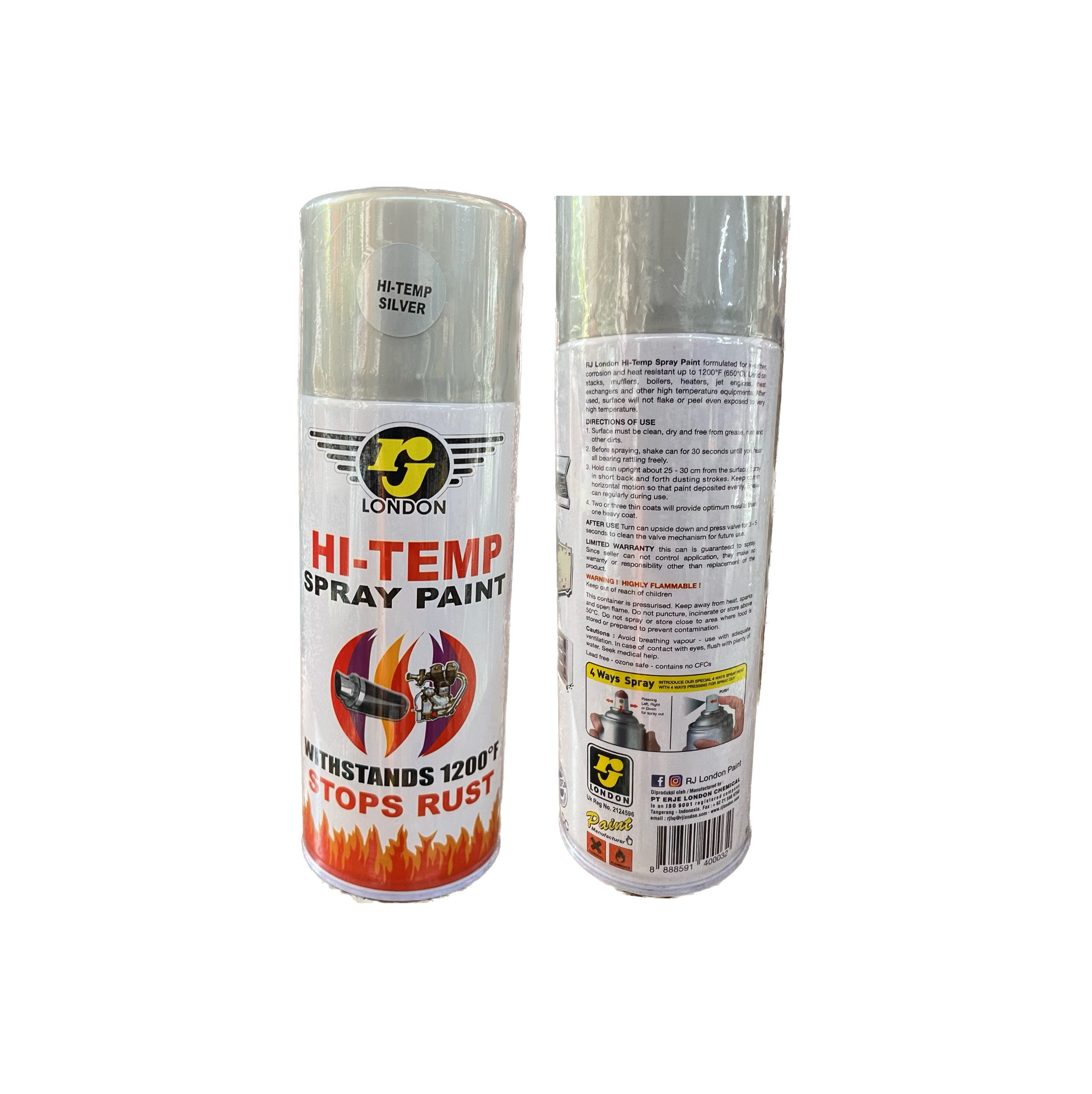 RJ London Hi-Temp Spray Paint (400CC) - Black/ Silver-GoKimDiam Hardware Shop Shop online for all your hardware needs at GoKimDiam Hardware Shop (by Kak Heng Hardware)! From wide range of hardware tools, premium paint supplies to essential tools for home DIY projects. Enjoy free islandwide delivery with min. $120 online order to Orchard, Tuas, Jurong, Punggol, Bedok, Sengkang, Hougang, Bukit Timah, Bukit Panjang, Bukit Batok etc. Shop with us today! Or, visit our Hardware Shop in Sembawang!