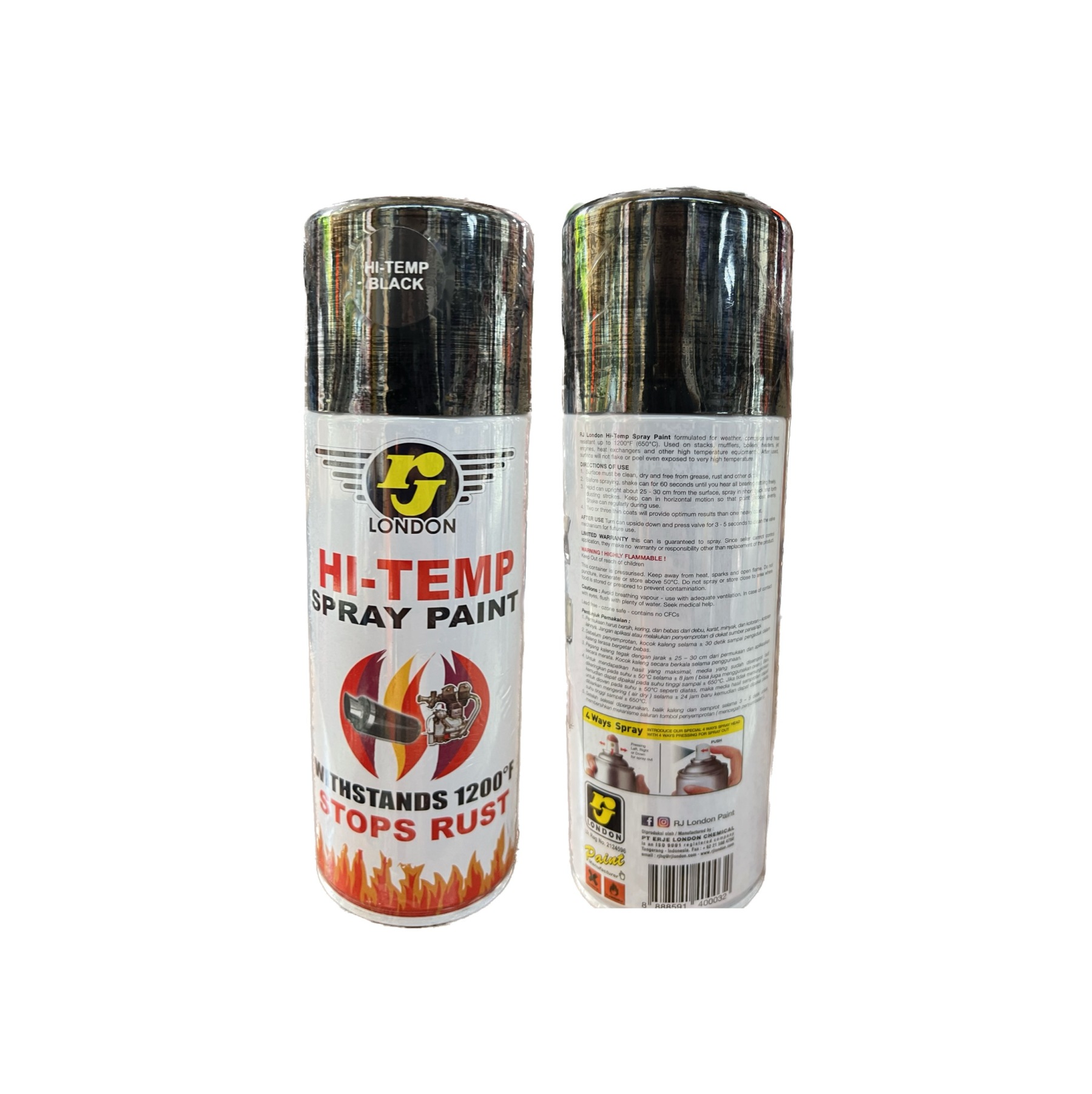 RJ London Hi-Temp Spray Paint (400CC) - Black/ Silver-GoKimDiam Hardware Shop Shop online for all your hardware needs at GoKimDiam Hardware Shop (by Kak Heng Hardware)! From wide range of hardware tools, premium paint supplies to essential tools for home DIY projects. Enjoy free islandwide delivery with min. $120 online order to Orchard, Tuas, Jurong, Punggol, Bedok, Sengkang, Hougang, Bukit Timah, Bukit Panjang, Bukit Batok etc. Shop with us today! Or, visit our Hardware Shop in Sembawang!