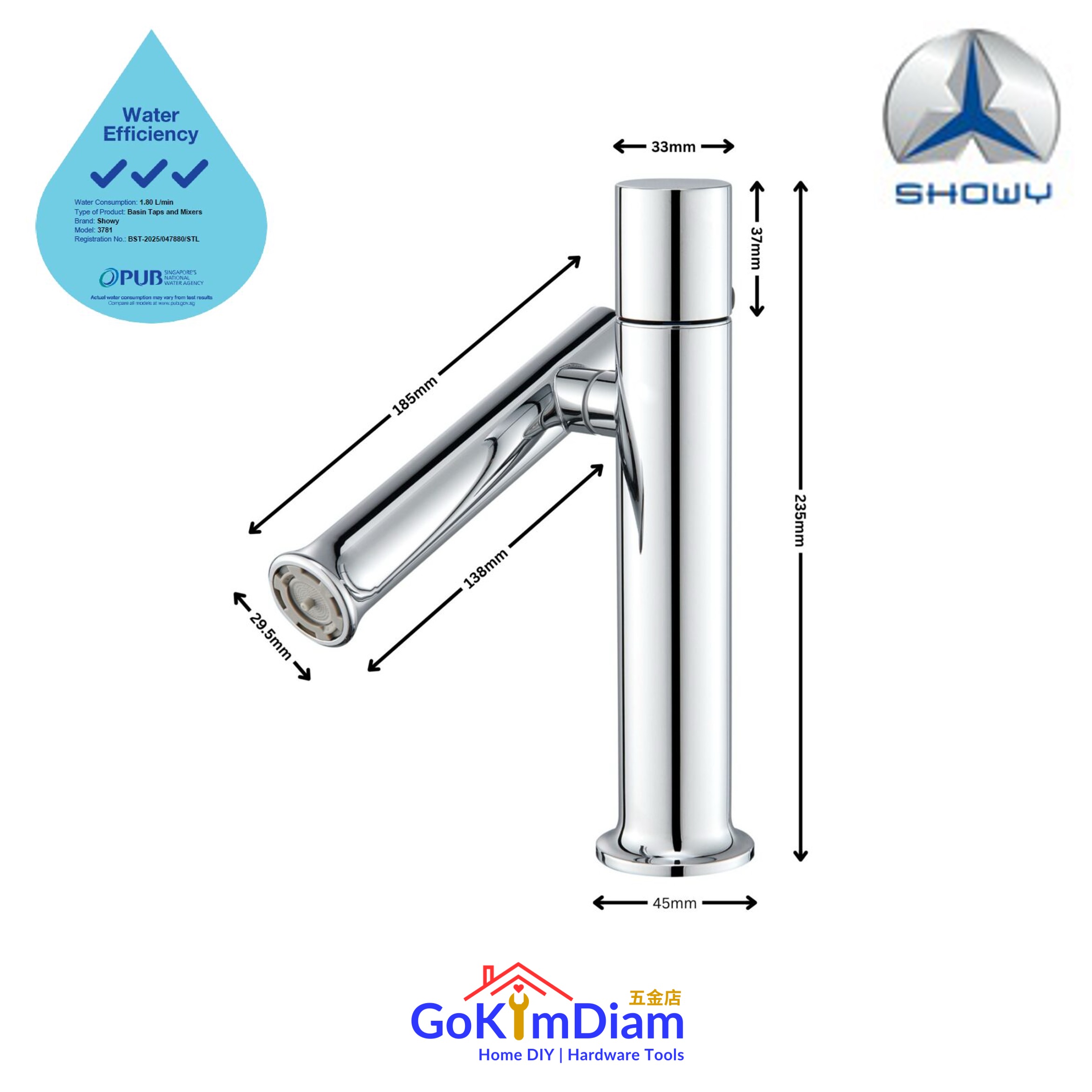 Showy 3780 Stainless Steel Basin Mixer with Vertical Swivel Spout (Chrome)