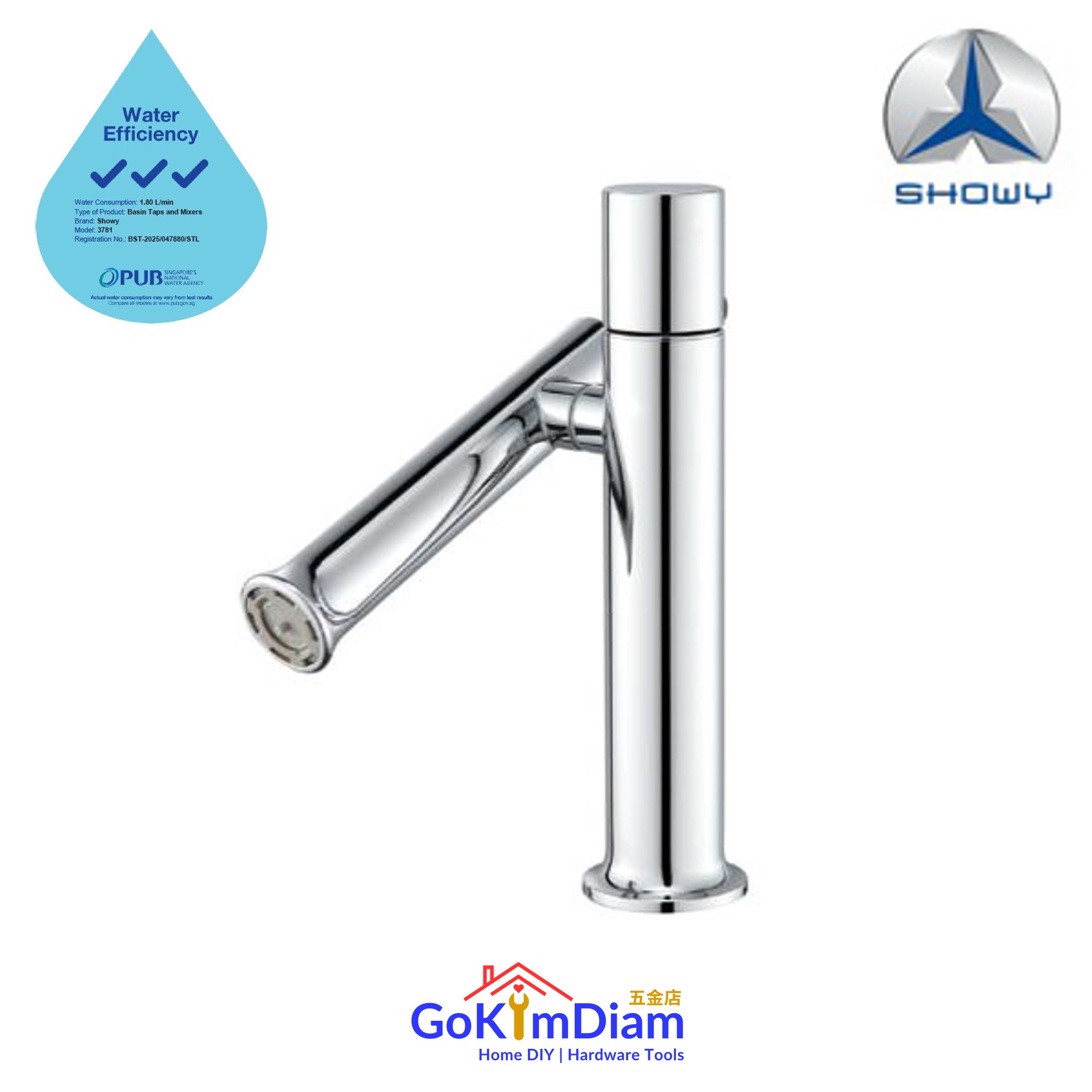 Showy 3780 Stainless Steel Basin Mixer with Vertical Swivel Spout (Chrome)