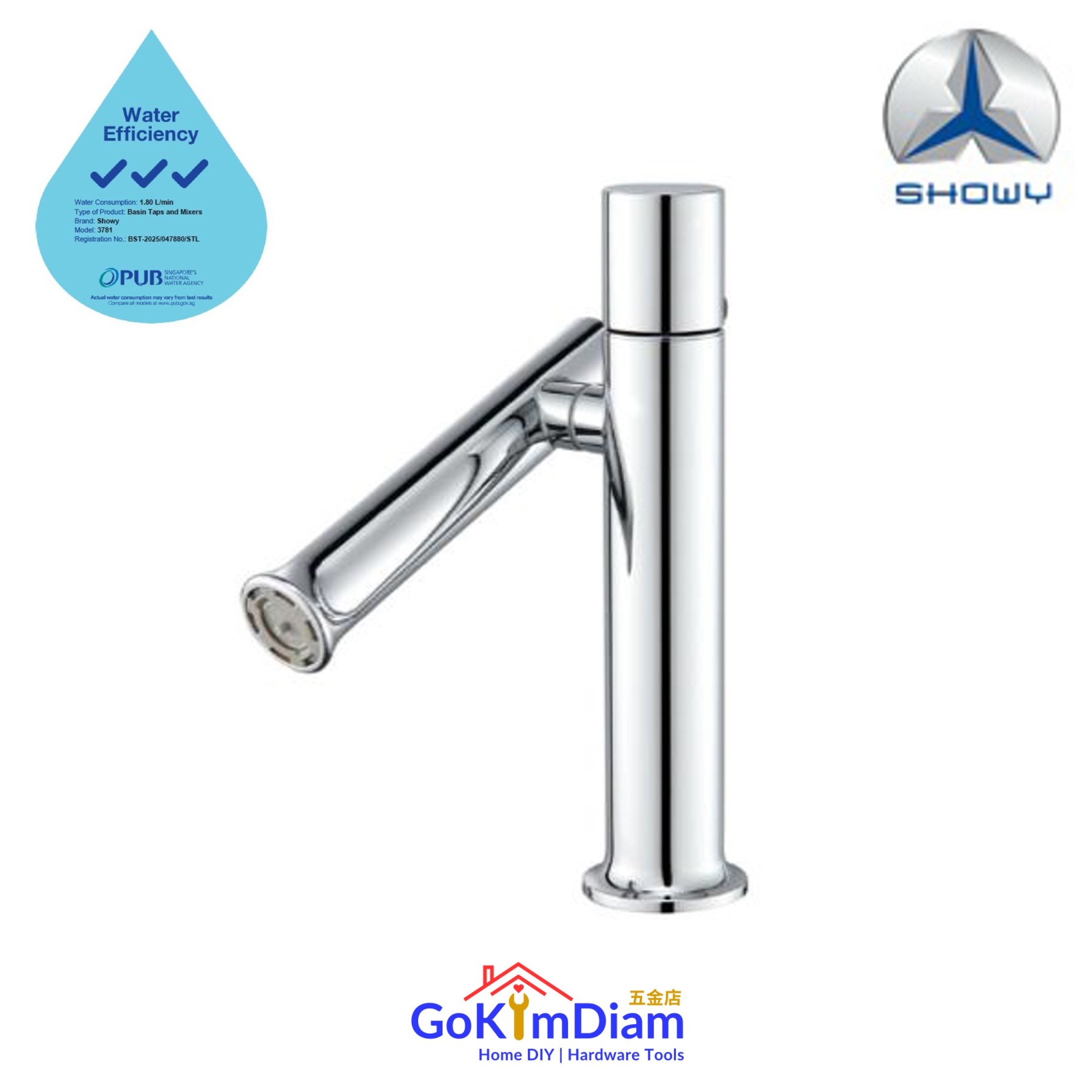 Showy 3780 Stainless Steel Basin Mixer with Vertical Swivel Spout (Chrome)