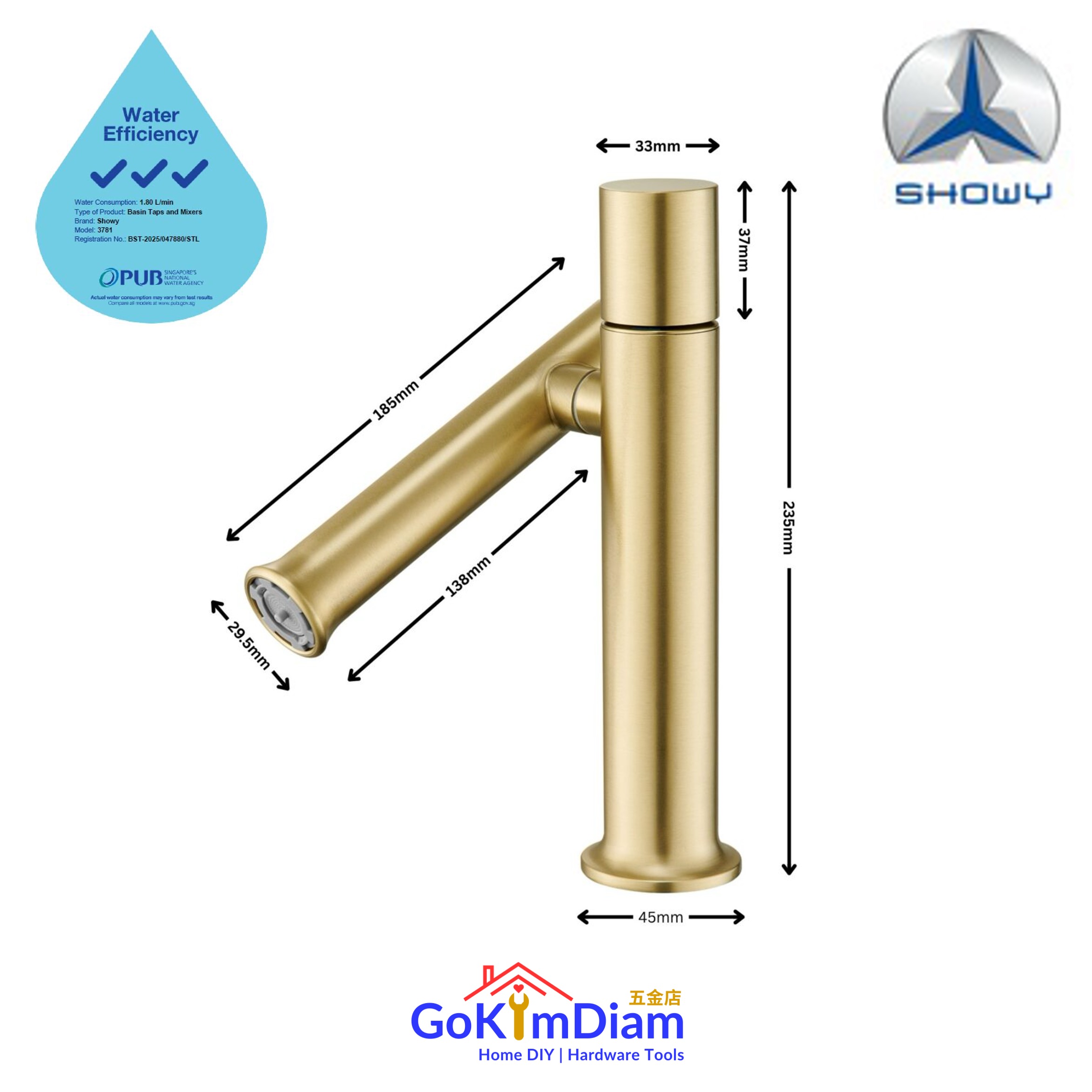 Showy 3781 Stainless Steel Basin Mixer with Vertical Swivel Spout (Gold)