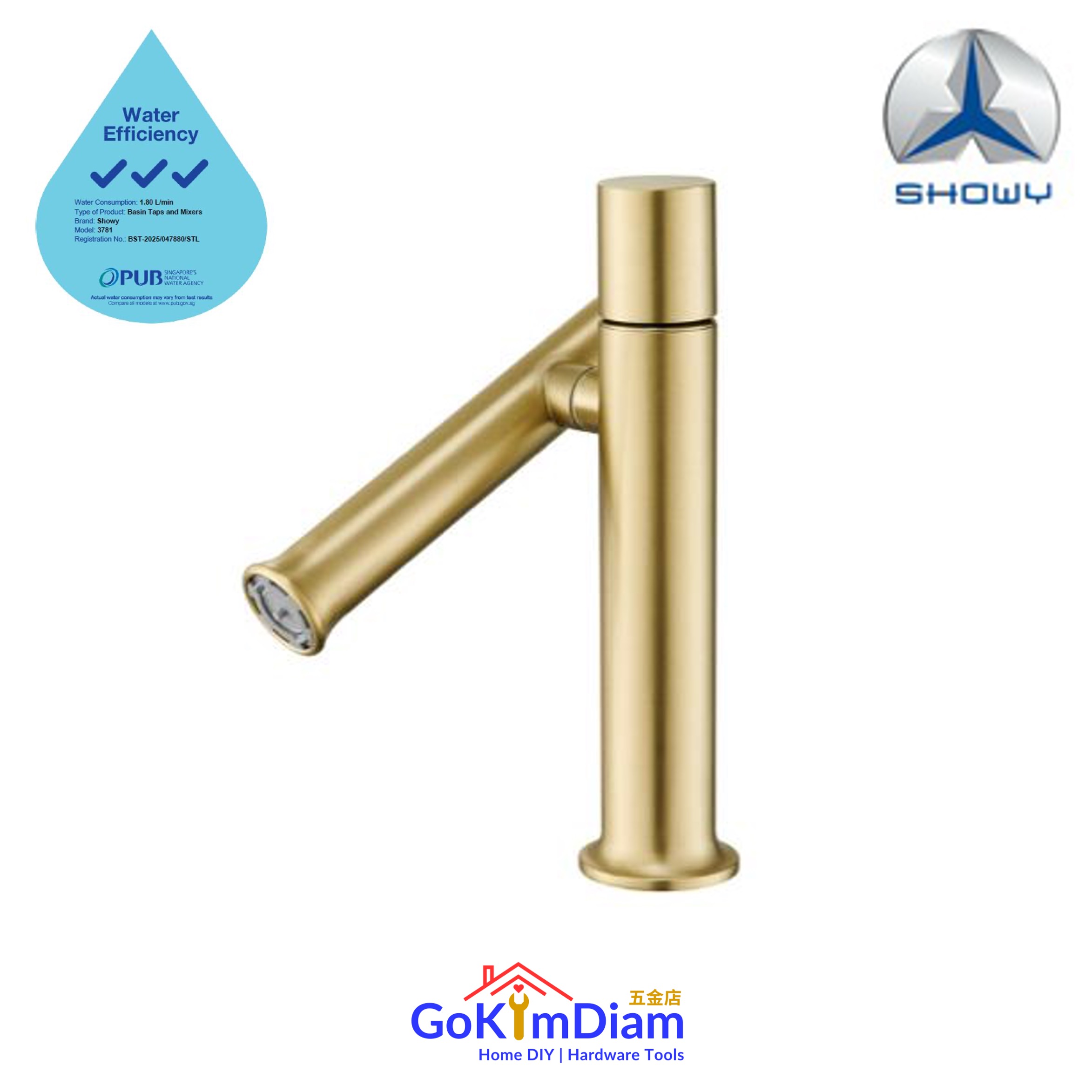 Showy 3781 Stainless Steel Basin Mixer with Vertical Swivel Spout (Gold)