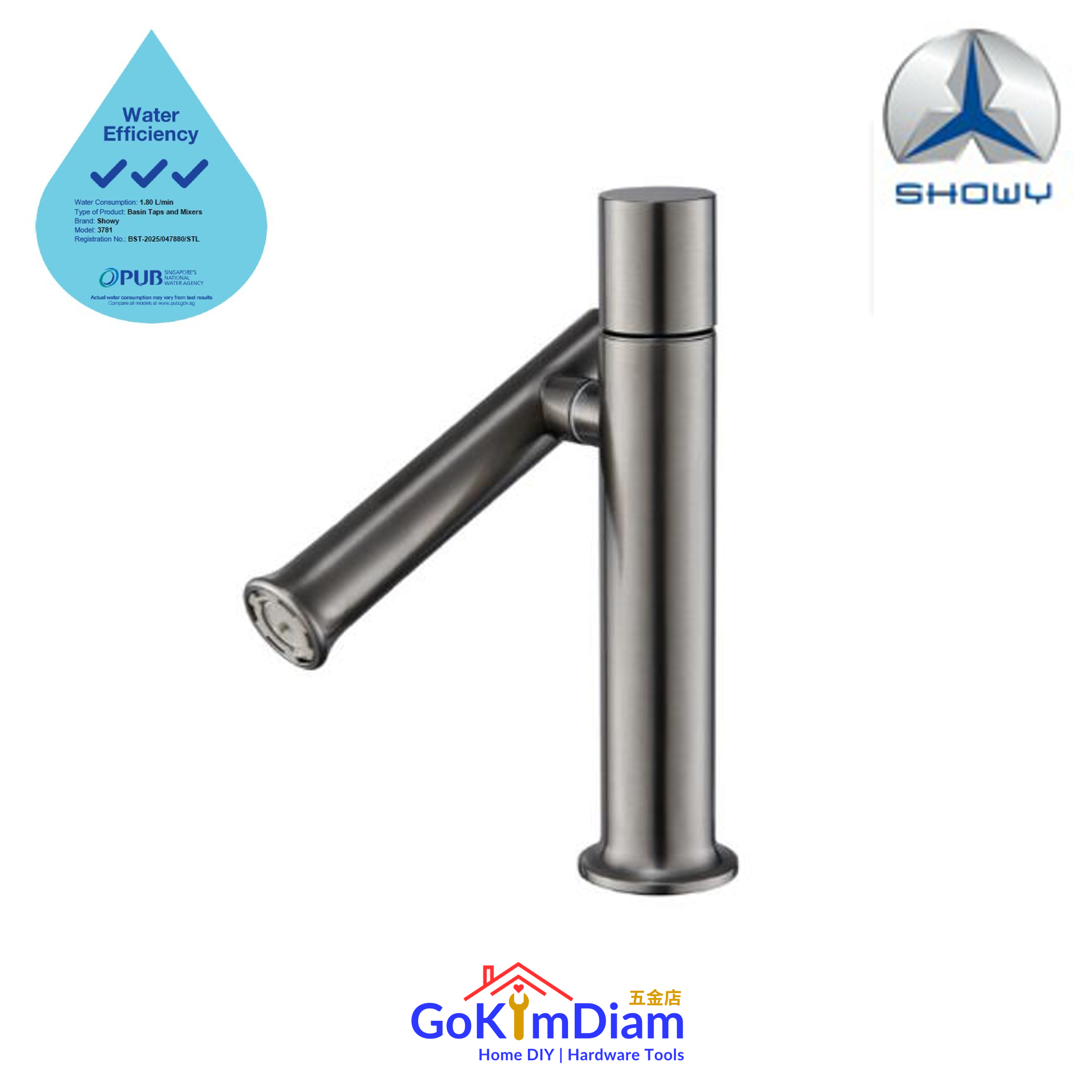 Showy 3782 Stainless Steel Basin Mixer with Vertical Swivel Spout (Gunmetal)