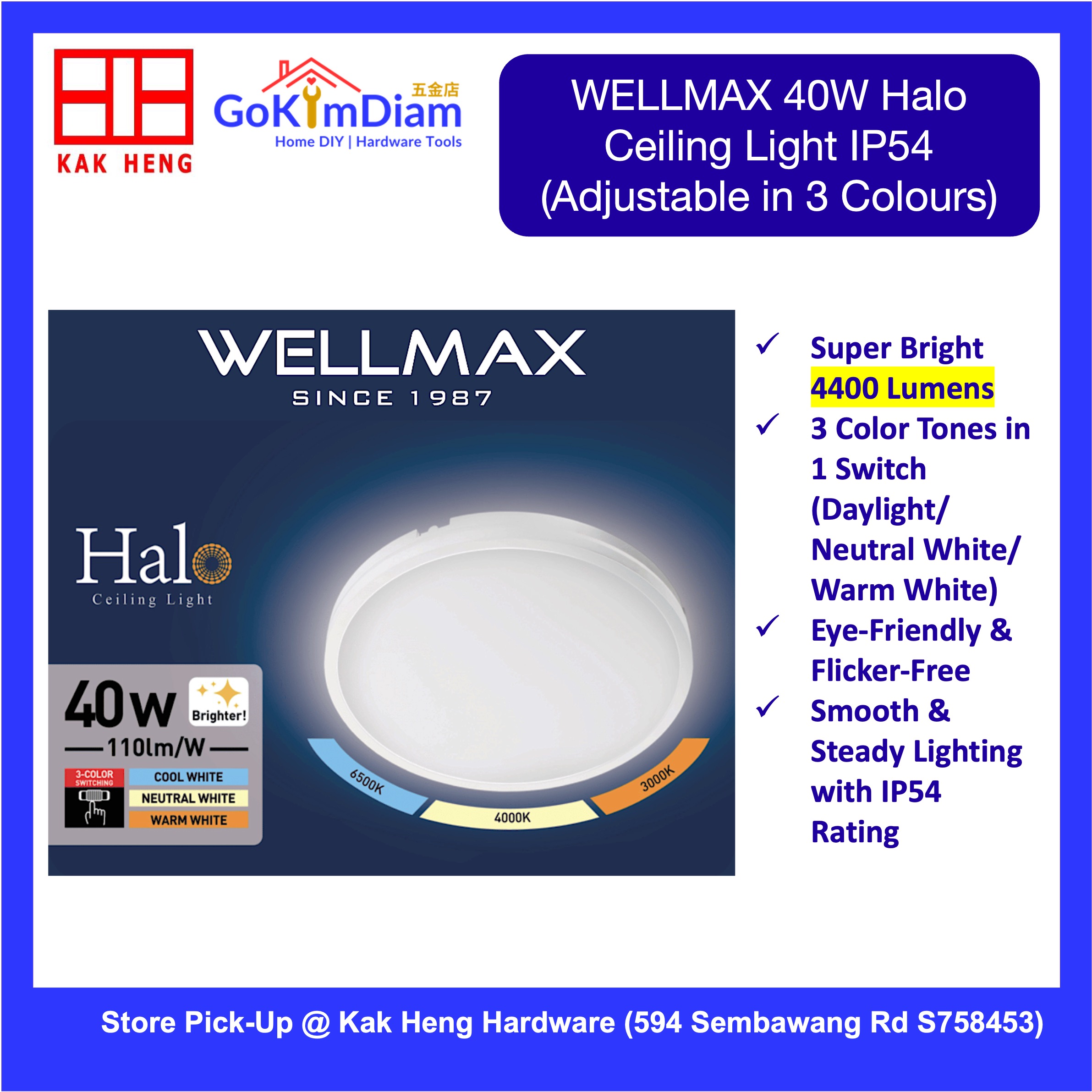 WELLMAX 25W Halo LED Ceiling Light IP54 3 Color CCT Adjustable 2750LM 