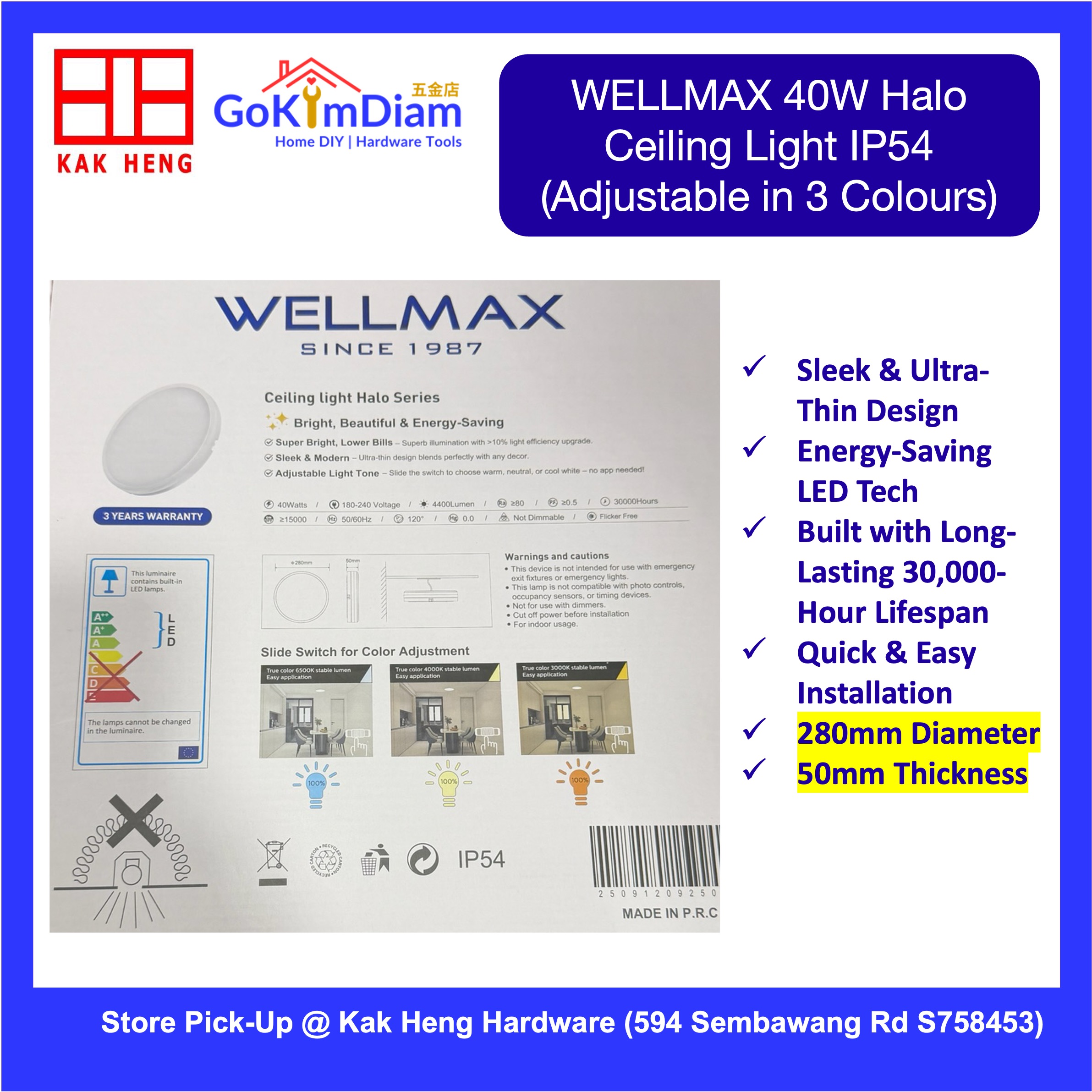 WELLMAX 25W Halo LED Ceiling Light IP54 3 Color CCT Adjustable 2750LM 