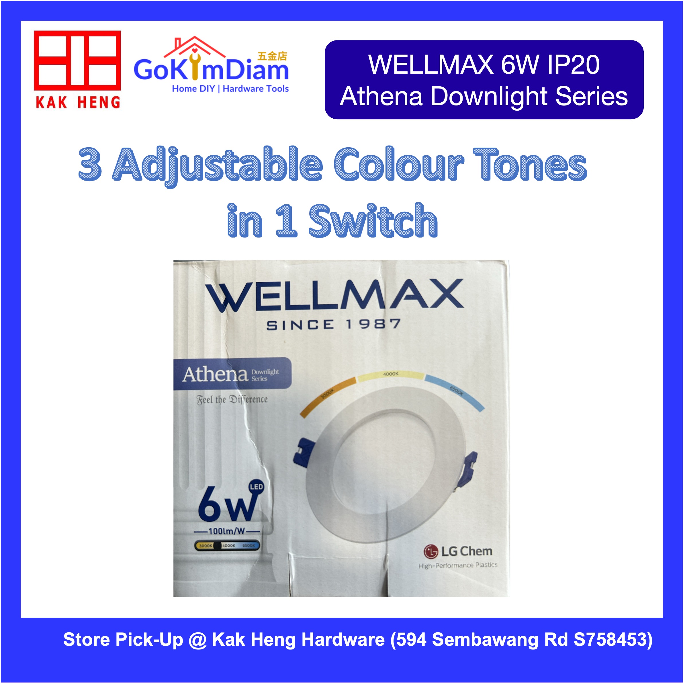 WELLMAX Athena 6W IP20 Recessed LED Downlight - 3 CCT Color Tones 100lm/W Indoor Ceiling Light