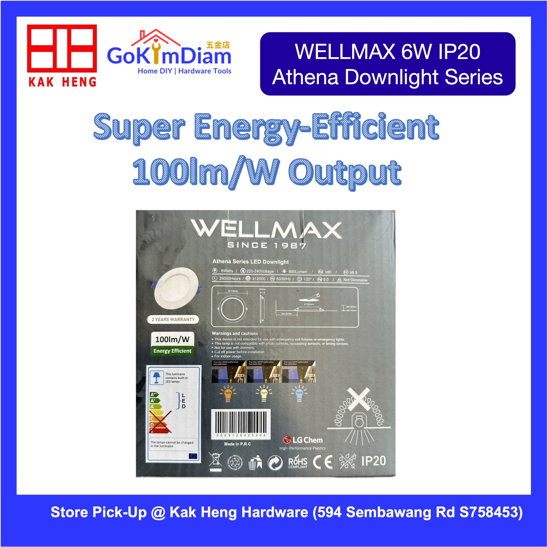 WELLMAX Athena 6W IP20 Recessed LED Downlight - 3 CCT Color Tones 100lm/W Indoor Ceiling Light