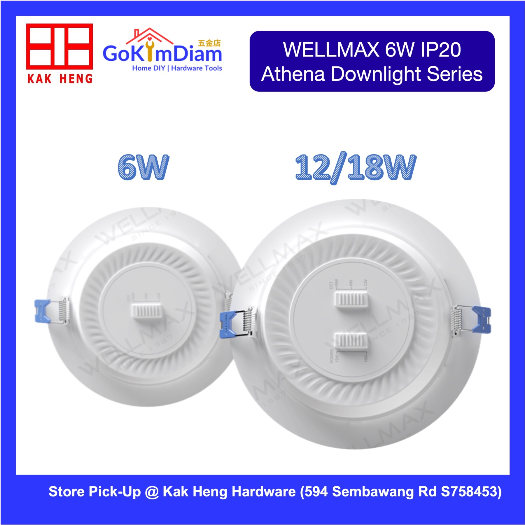 WELLMAX Athena 6W IP20 Recessed LED Downlight - 3 CCT Color Tones 100lm/W Indoor Ceiling Light