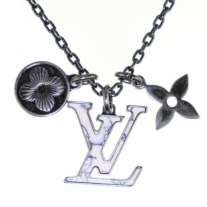 【国内発送/直営店】ペンダント LVイニシャル 合成石 ストラス ネックレス エイジングシルバー モノグラムフラワー アクセサリー PENDANT CHAIN LV NECKLACE