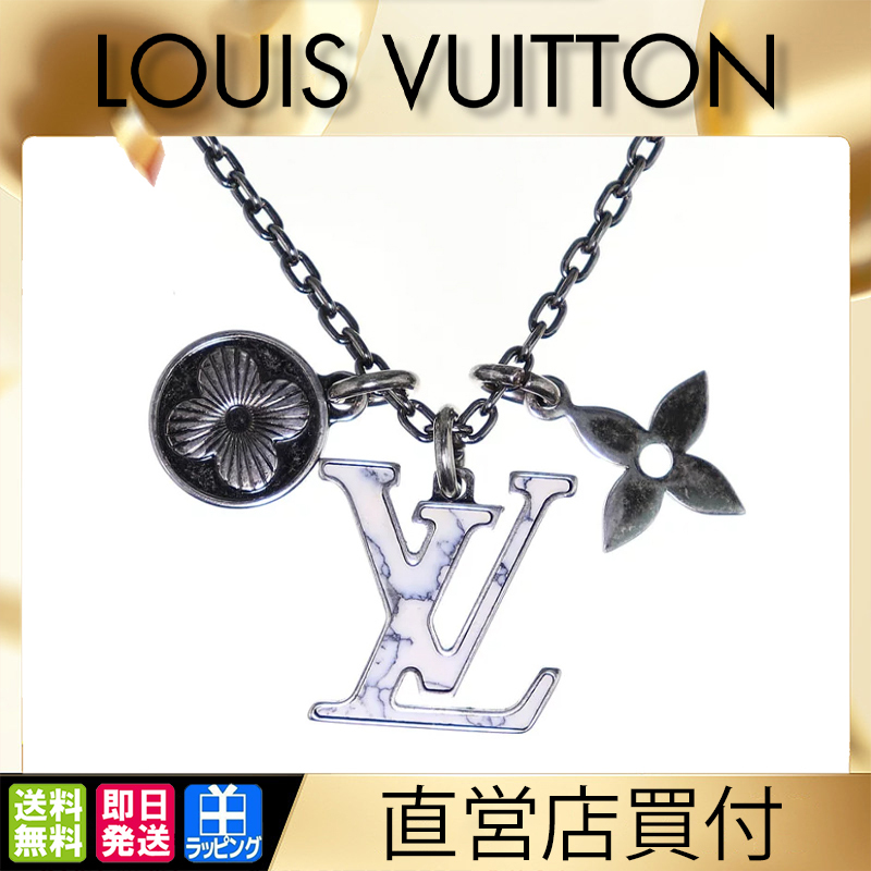 【国内発送/直営店】ペンダント LVイニシャル 合成石 ストラス ネックレス エイジングシルバー モノグラムフラワー アクセサリー PENDANT CHAIN LV NECKLACE
