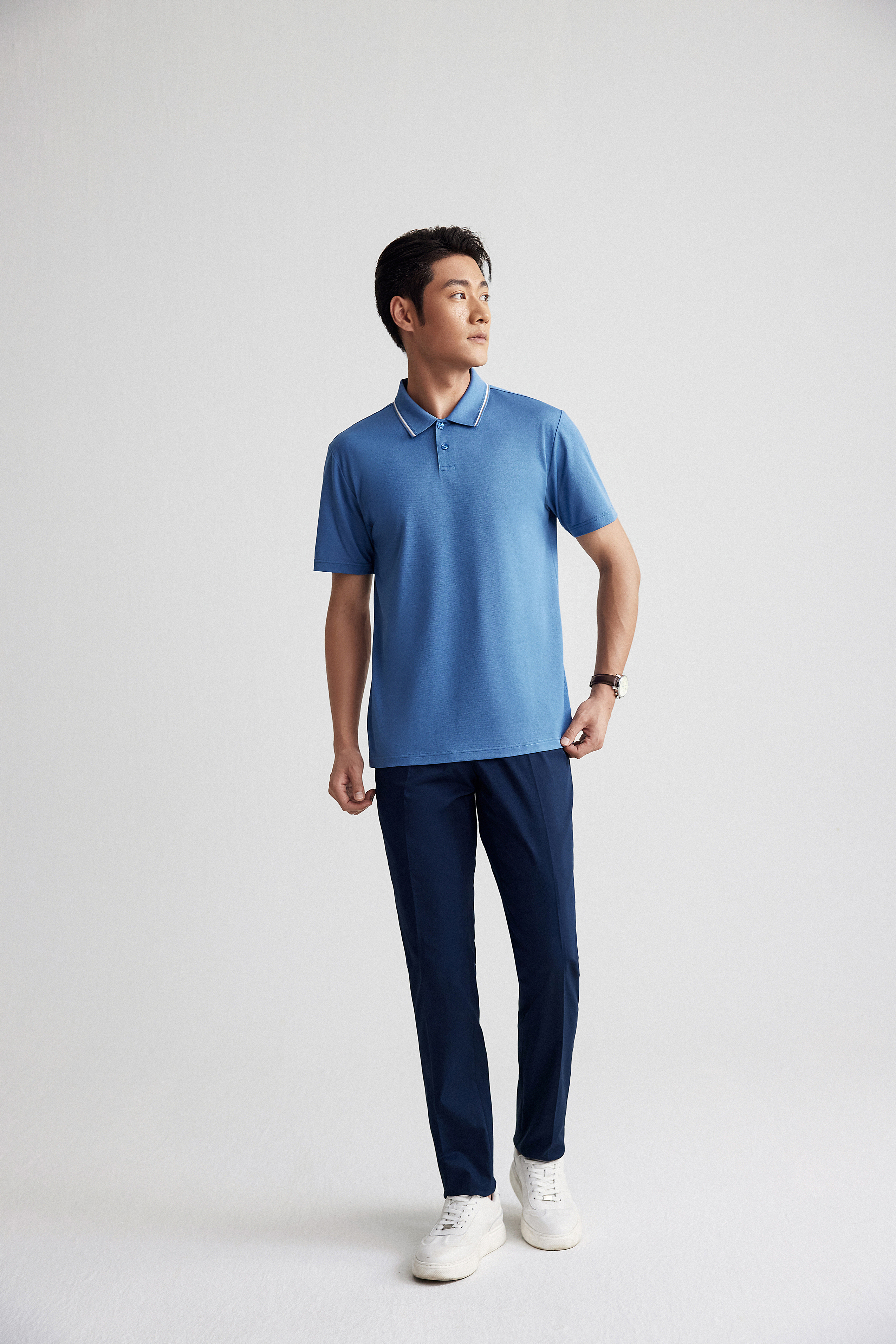 Goldlion Trim Fit Short-Sleeved Mercerized Cotton Polo (Blue)