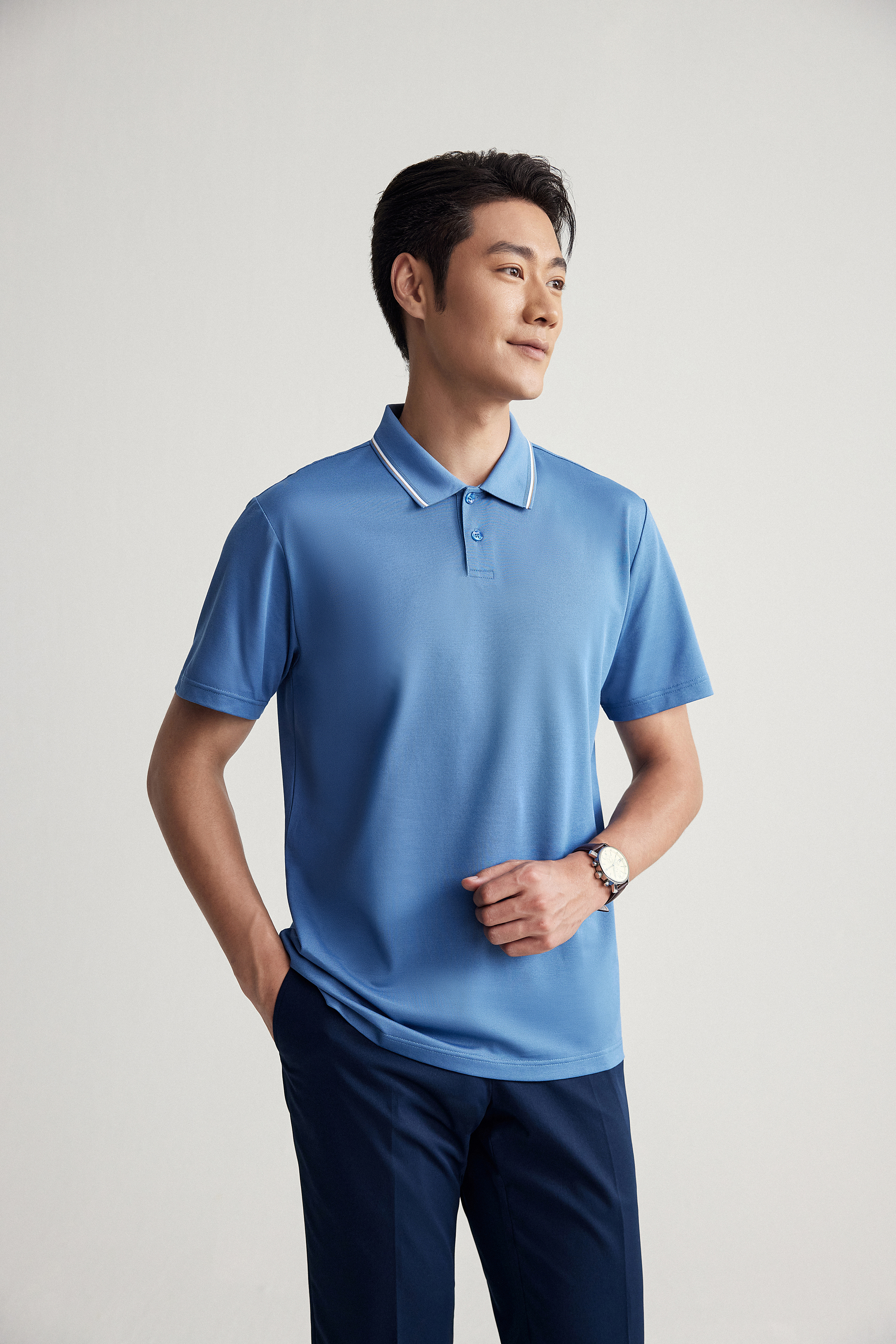 Goldlion Trim Fit Short-Sleeved Mercerized Cotton Polo (Blue)