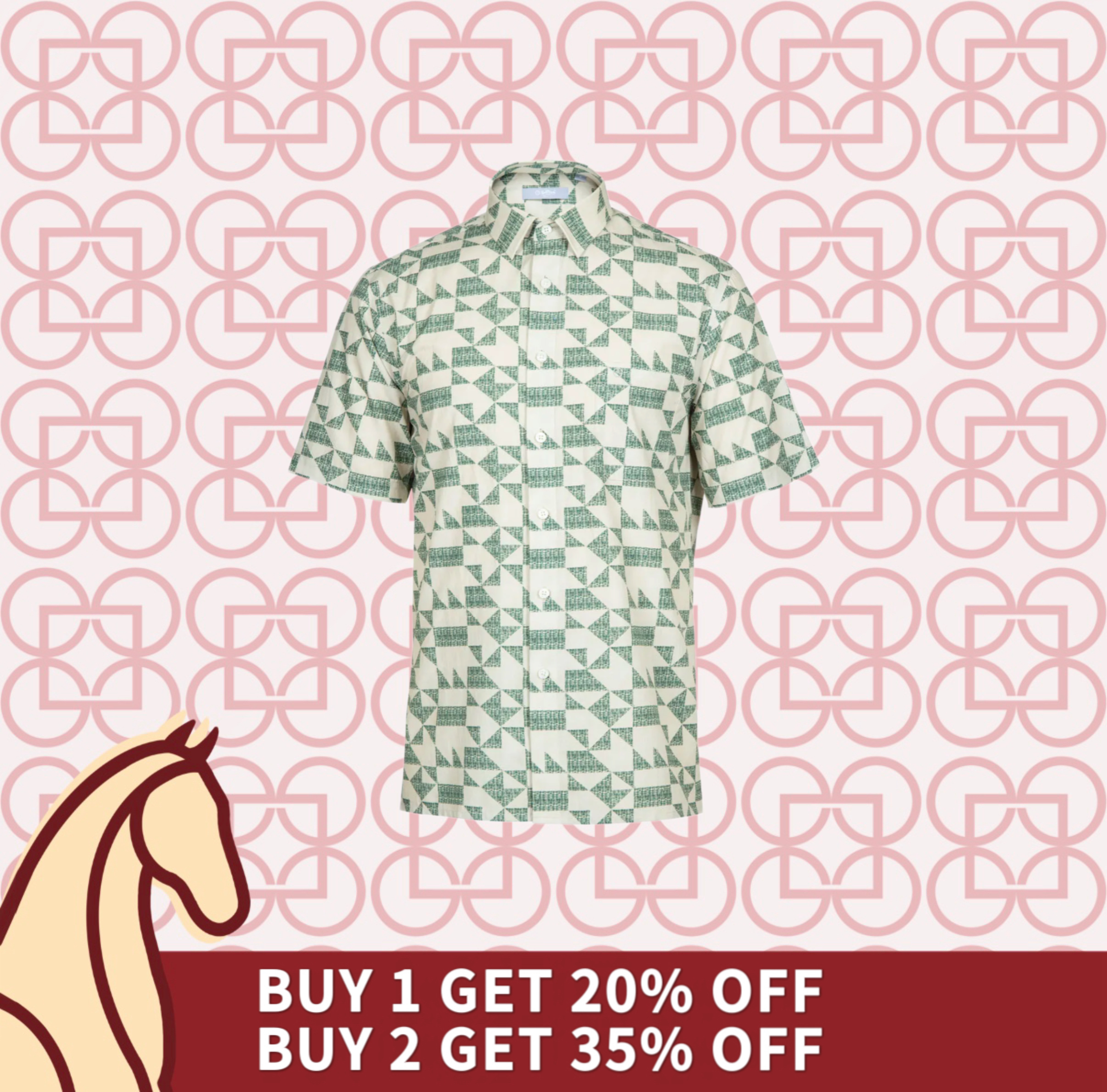 Goldlion Casual Regular Fit Geometric Print Cotton Short-Sleeved Shirt (Green)