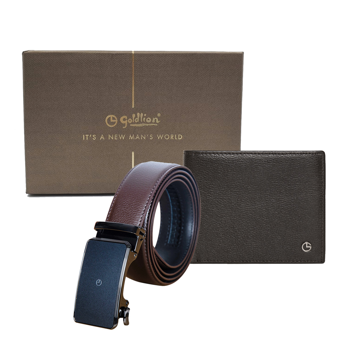[Online Exclusive] Goldlion Genuine Leather 6 Cards Slot Wallet & Auto Lock Belt Gift Set