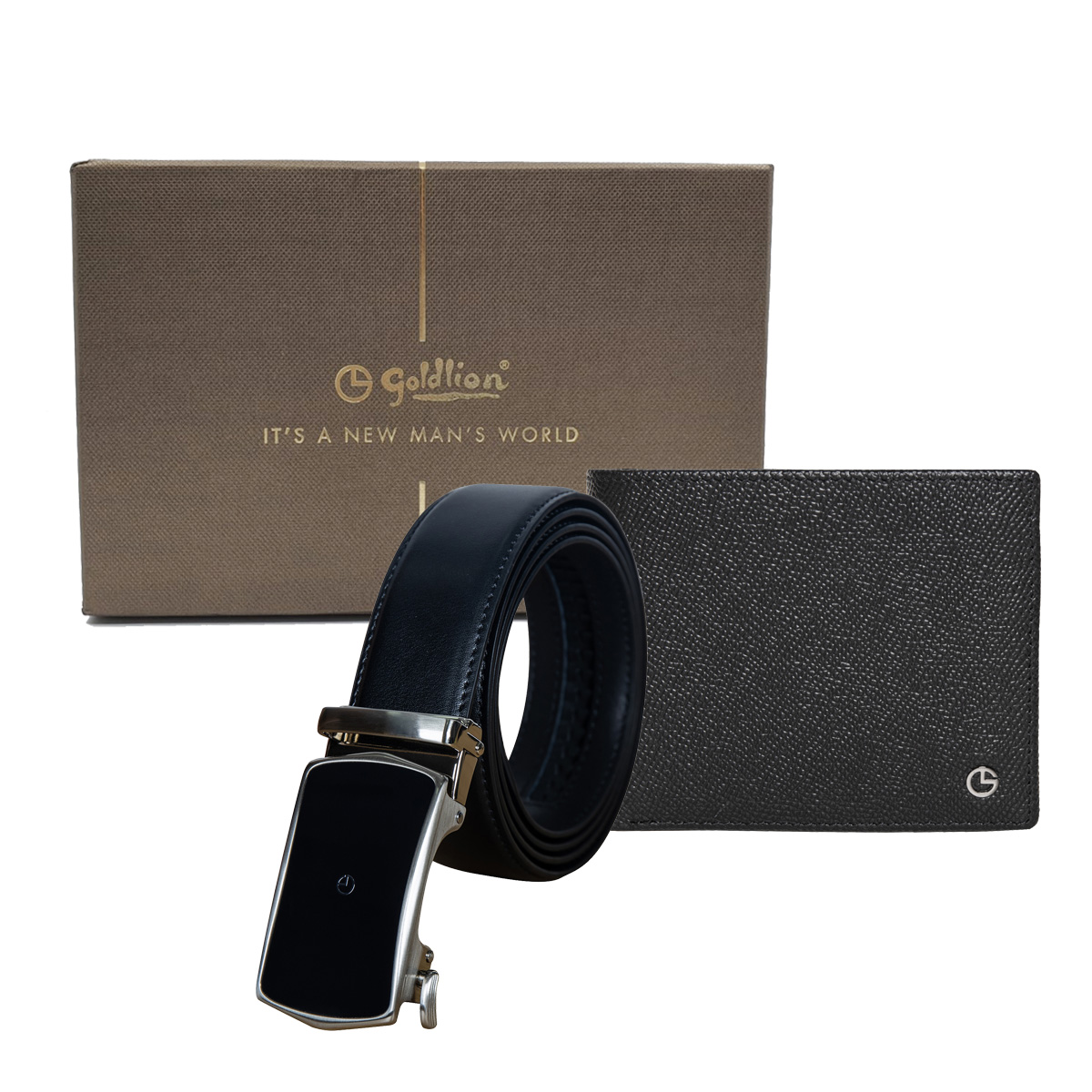 [Online Exclusive] Goldlion Genuine Leather 3 Cards Slot Wallet & Auto Lock Belt Gift Set