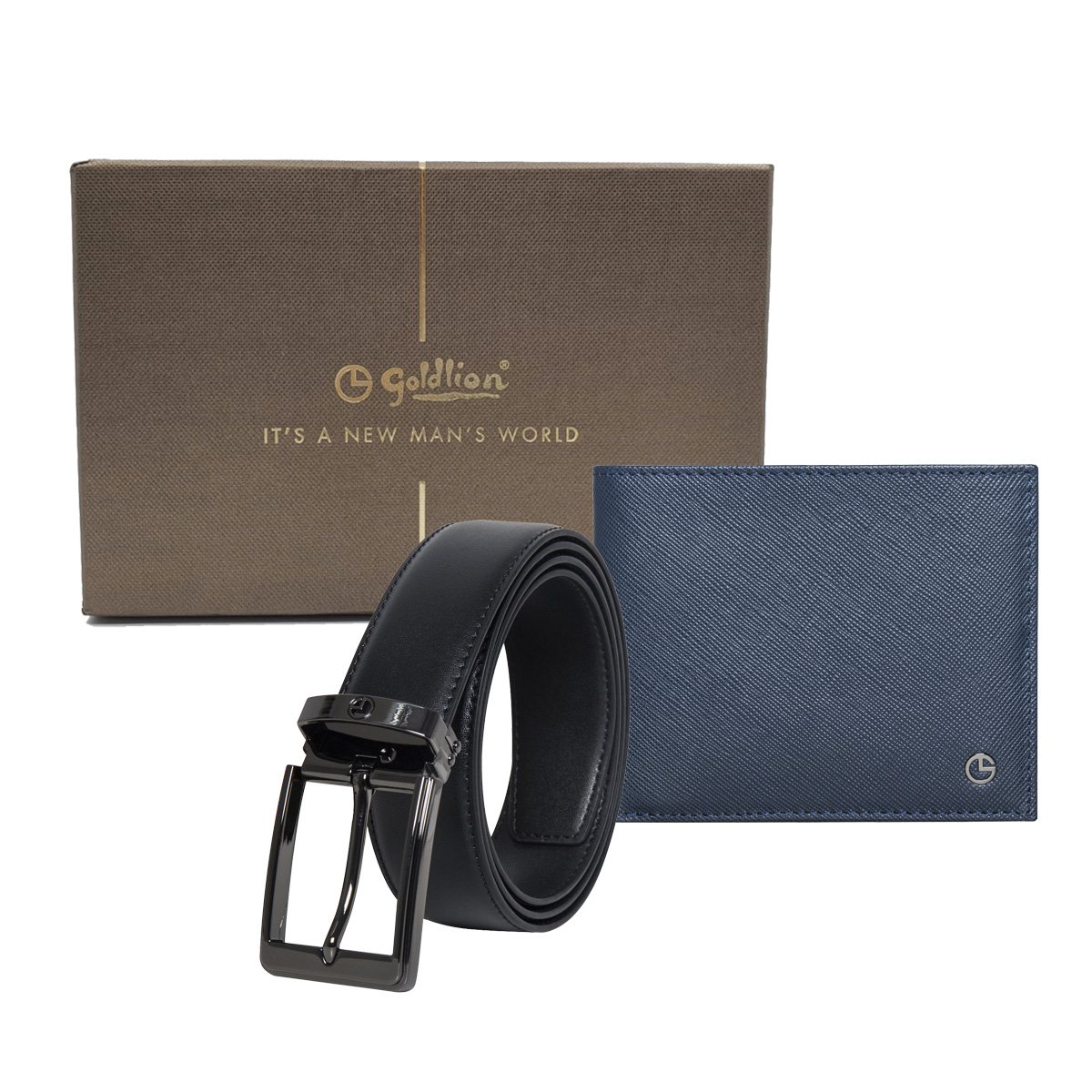 [Online Exclusive] Goldlion Genuine Leather RFID Wallet & Pin Belt Gift Set (8 Cards Slot, Navy Colour)