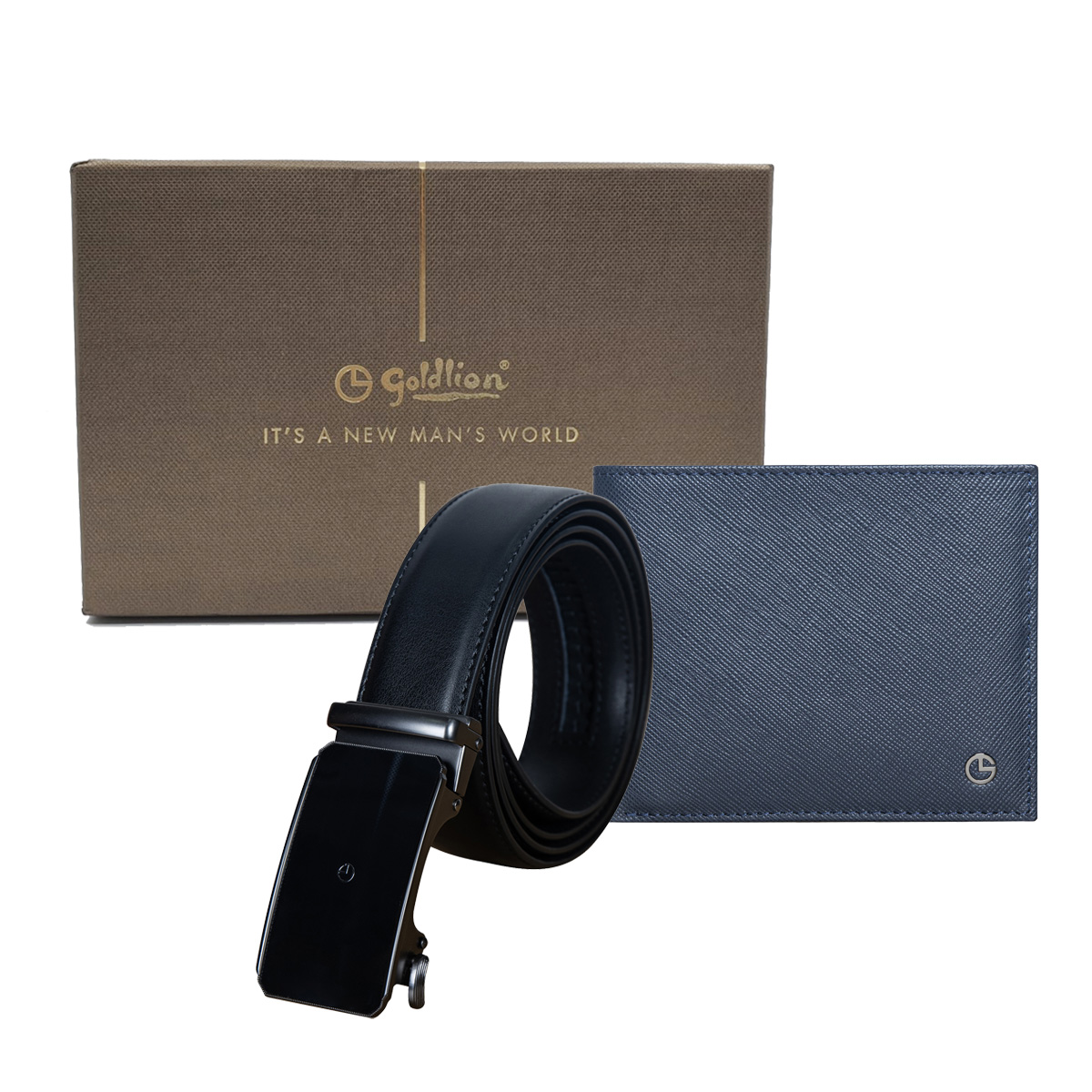 [Online Exclusive] Goldlion Genuine Leather RFID Wallet & Auto Lock Belt Gift Set (8 Cards Slot, Navy Colour)
