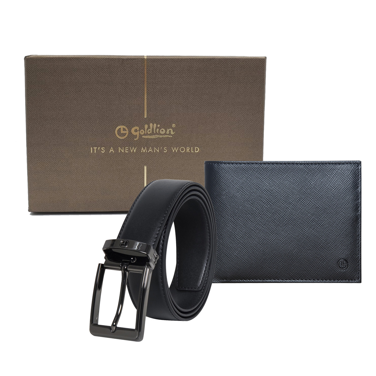 [Online Exclusive] Goldlion Genuine Leather RFID Wallet & Pin Belt Gift Set (9 Cards Slot, Black Colour)