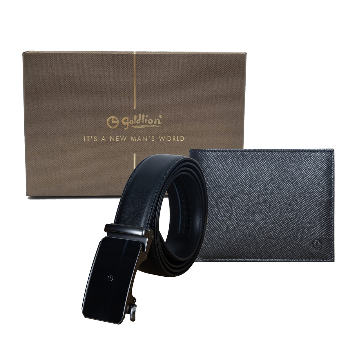 [Online Exclusive] Goldlion Genuine Leather RFID Wallet & Auto Lock Belt Gift Set (9 Cards Slot, Black Colour)