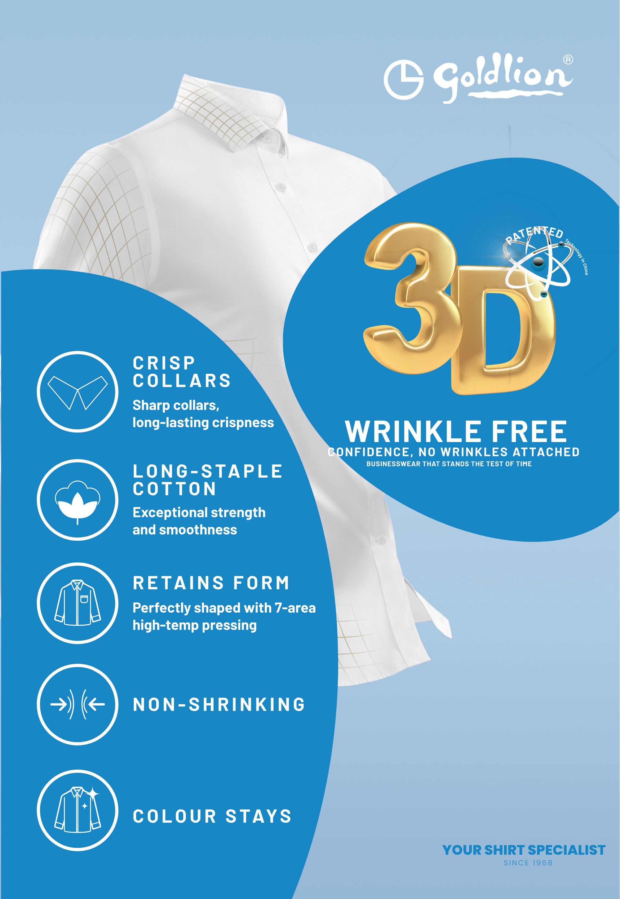 Goldlion Business Regular Fit 3D Wrinkle Free Long-Sleeved Shirt (White)