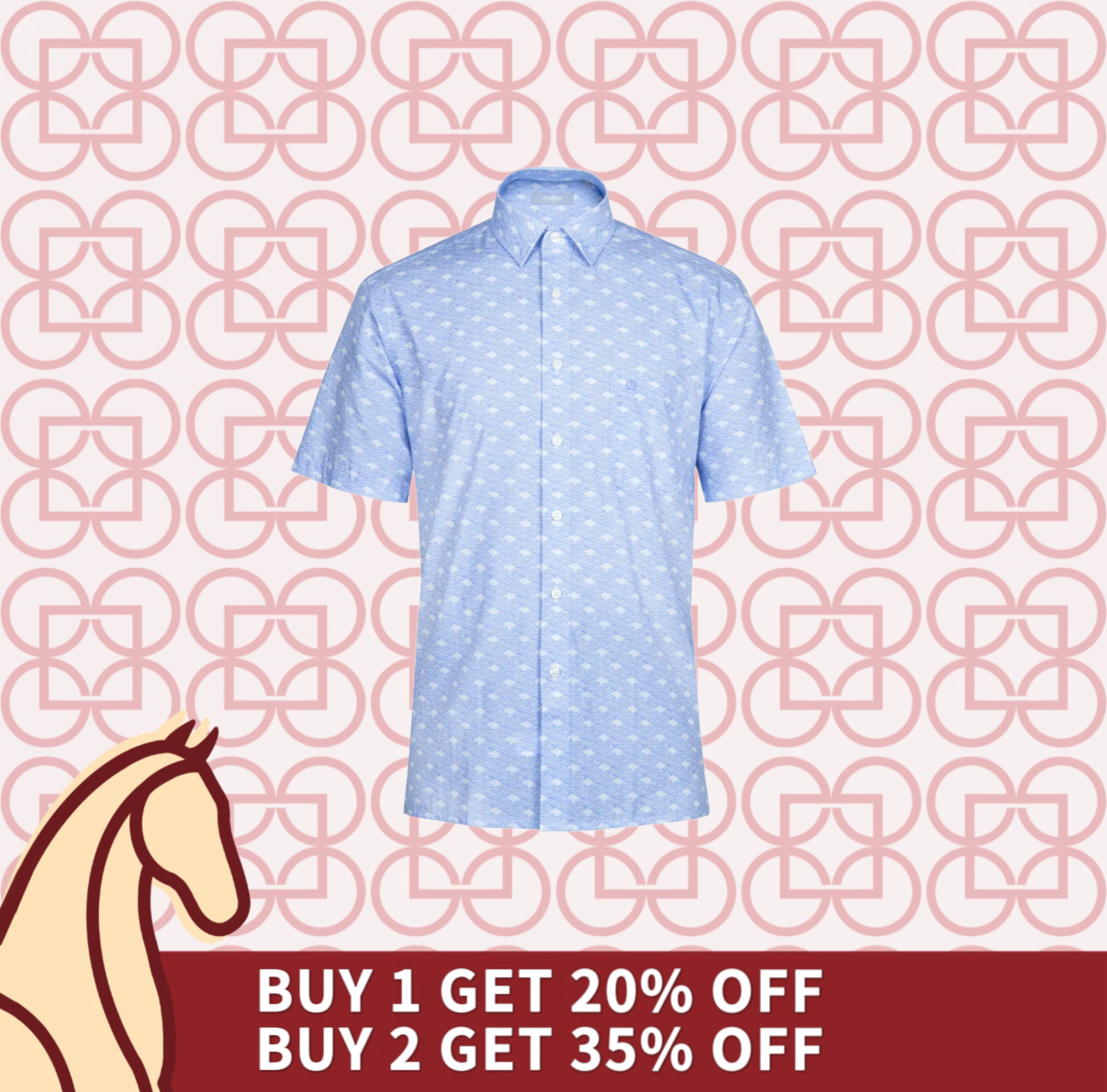 Goldlion Casual Regular Fit Wave Pattern Print Cotton Short-Sleeved Shirt (Blue)