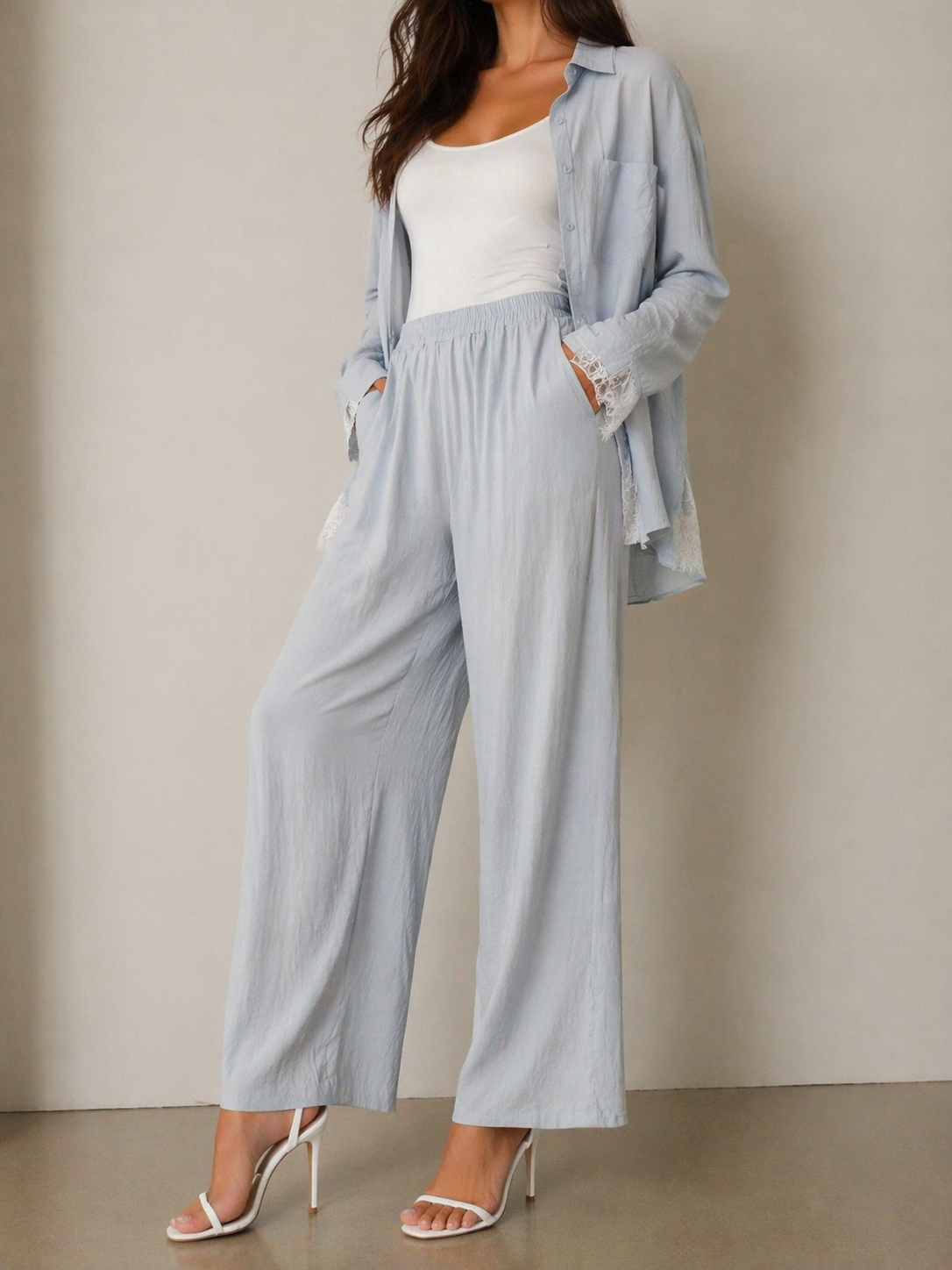 1006 Laurel Back Slit Shirt w Lace Lining & Elastic Waist Pants Set (Top: B 63cm; L 73cm, Bottom: UW 33-45cm; H 54-58cm; L 98cm)