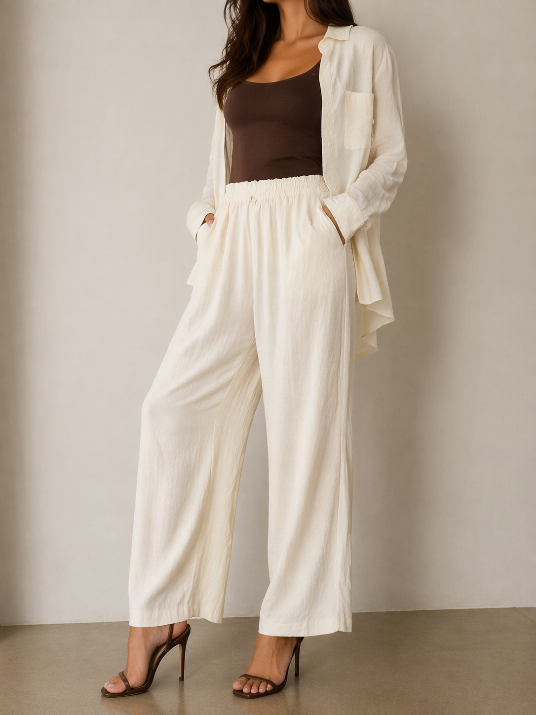 1006 Laurel Back Slit Shirt w Lace Lining & Elastic Waist Pants Set (Top: B 63cm; L 73cm, Bottom: UW 33-45cm; H 54-58cm; L 98cm)