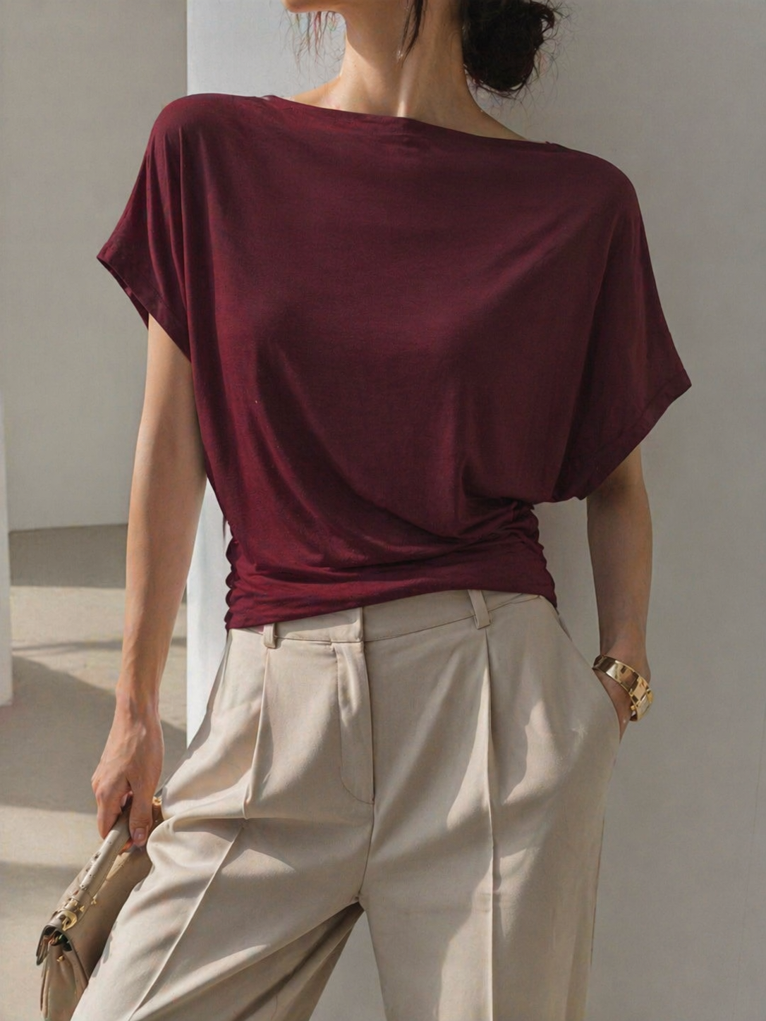 2337 Wilda Wide Neck Side Ruched Cap Sleeve Cotton Top (B 48-60cm; L 52cm)